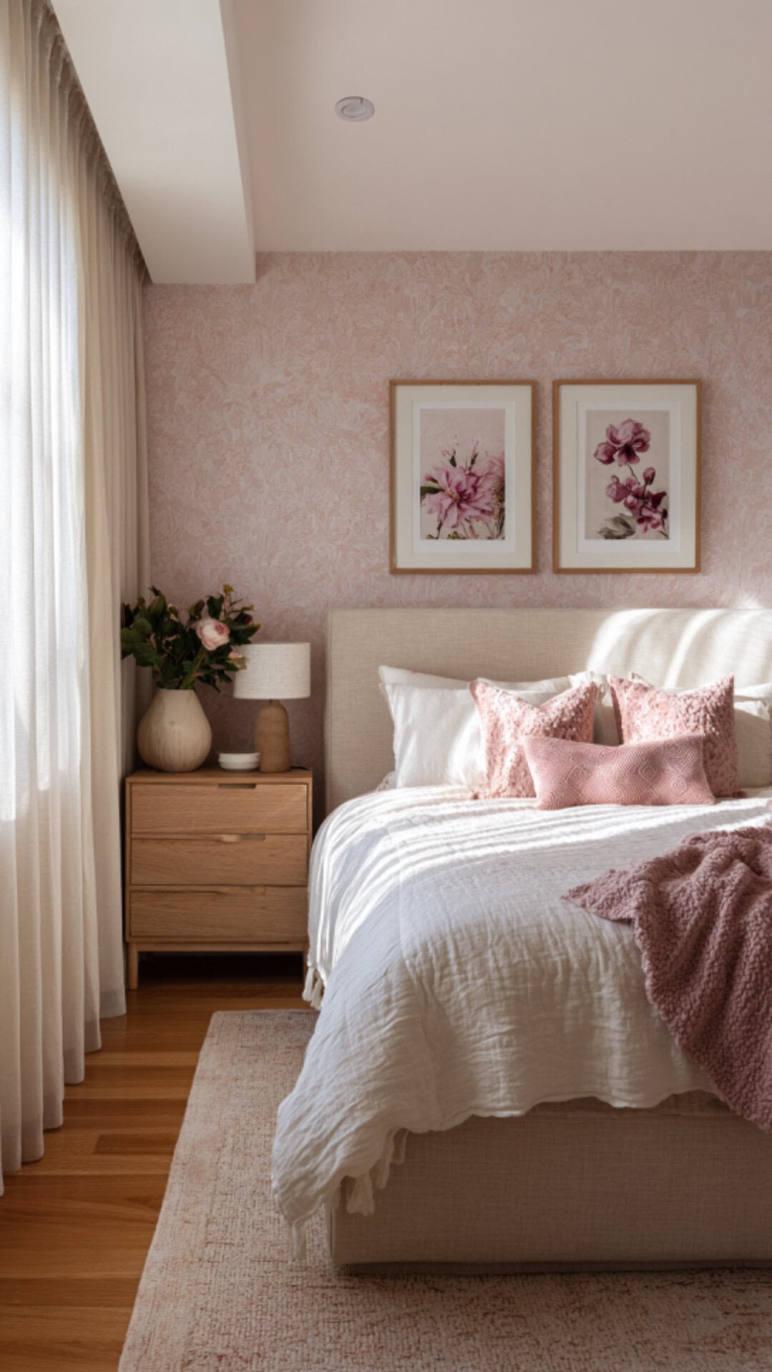 7. Pink Wallpaper for Bedroom with Soft Warmth