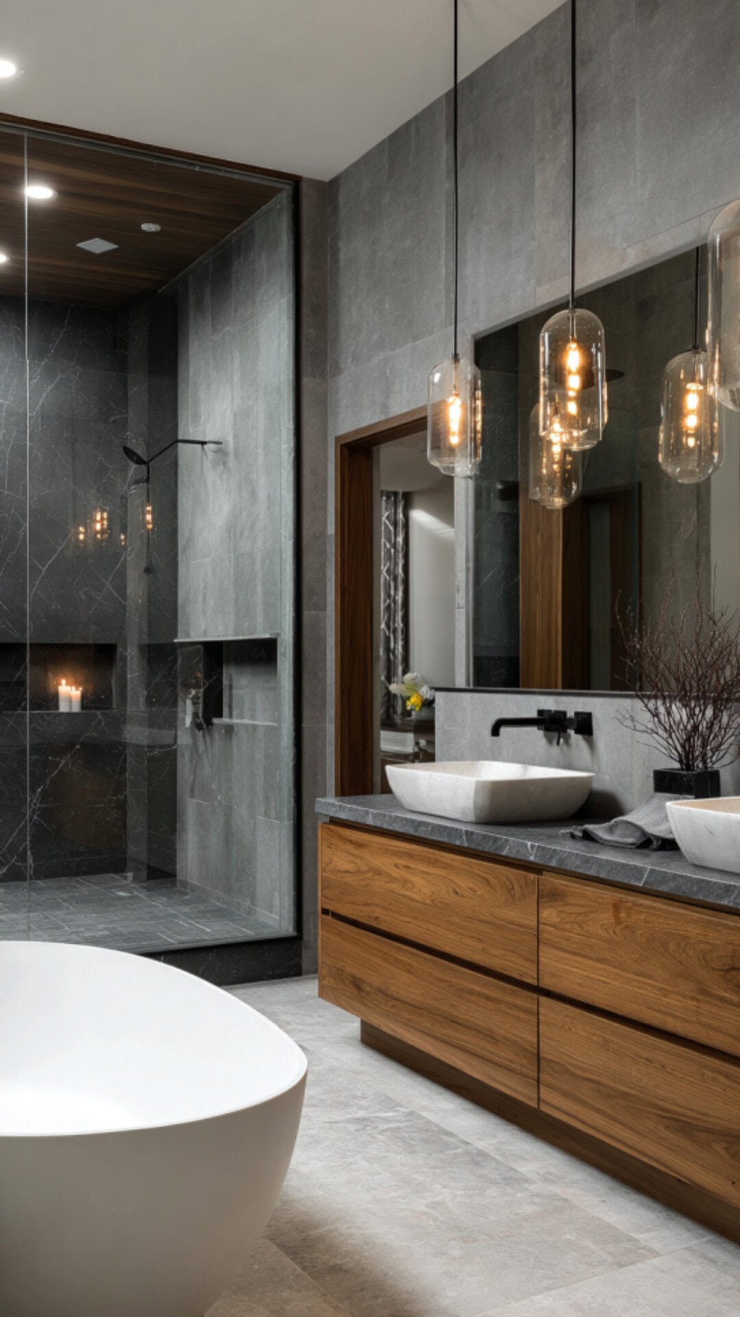 7. Grey and Wood Bathroom with Neutral Balance