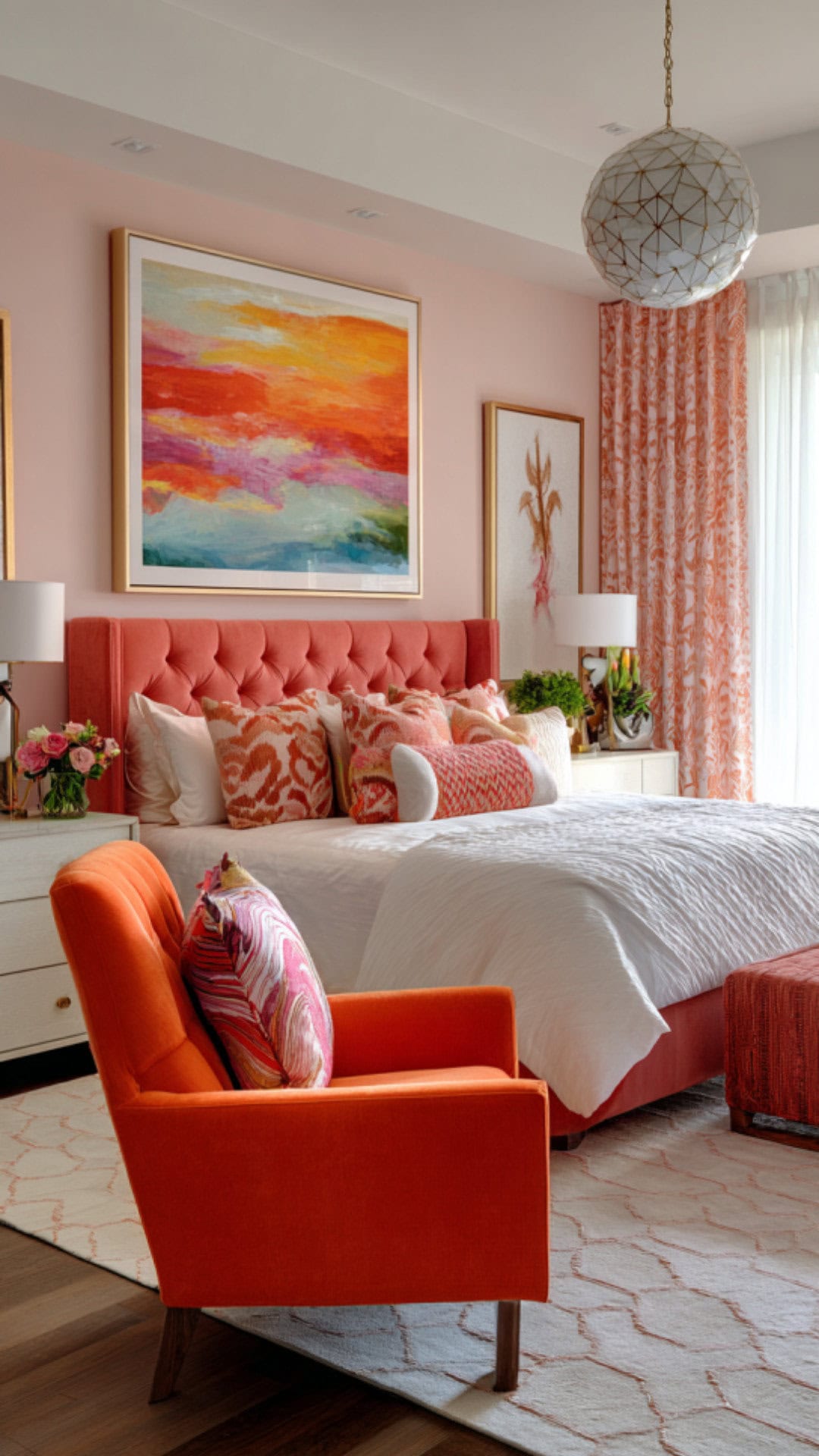 8. Orange and Pink Bedroom with Playful Warmth