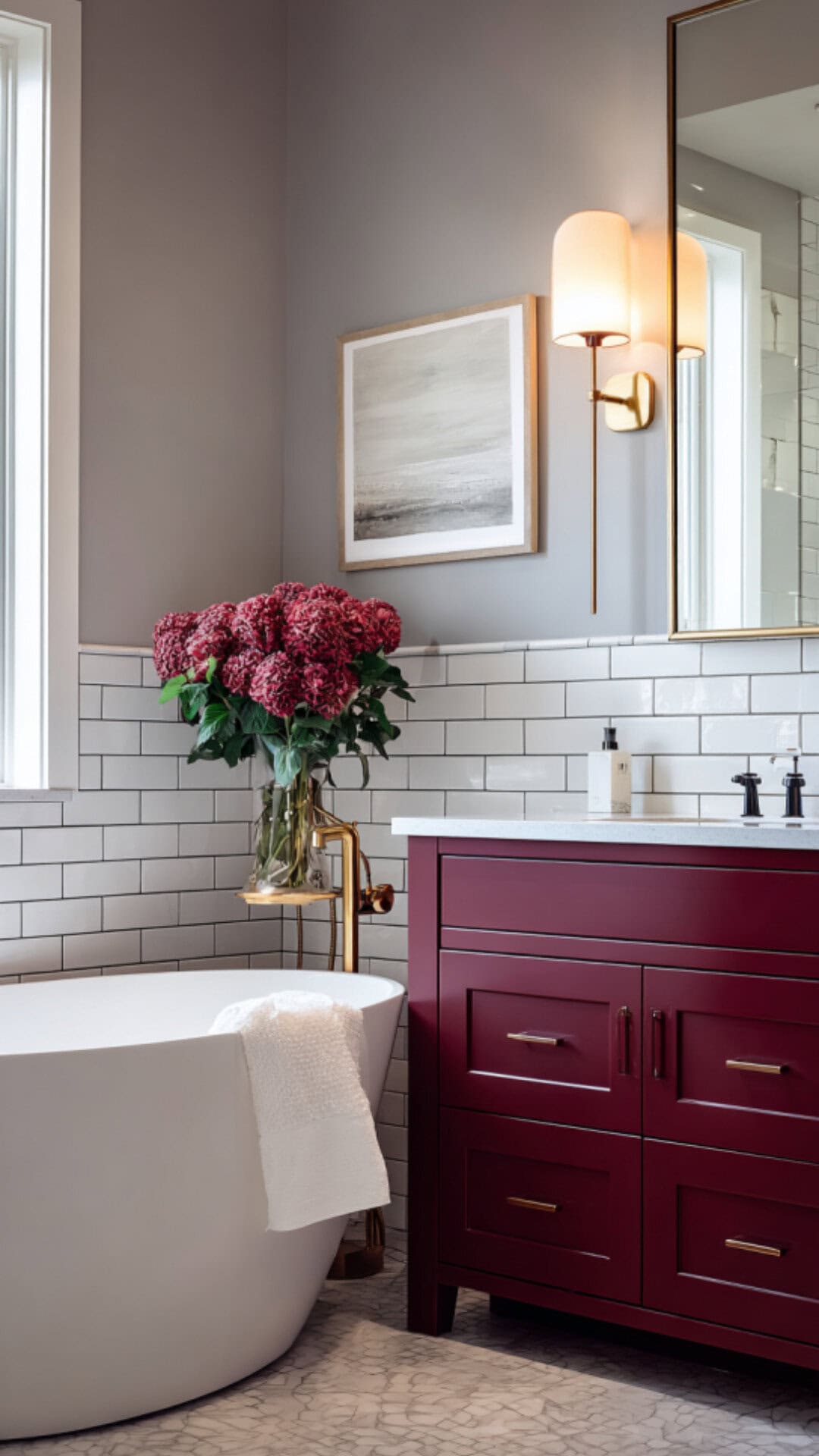 8. Burgundy and White Bathroom with Fresh Balance