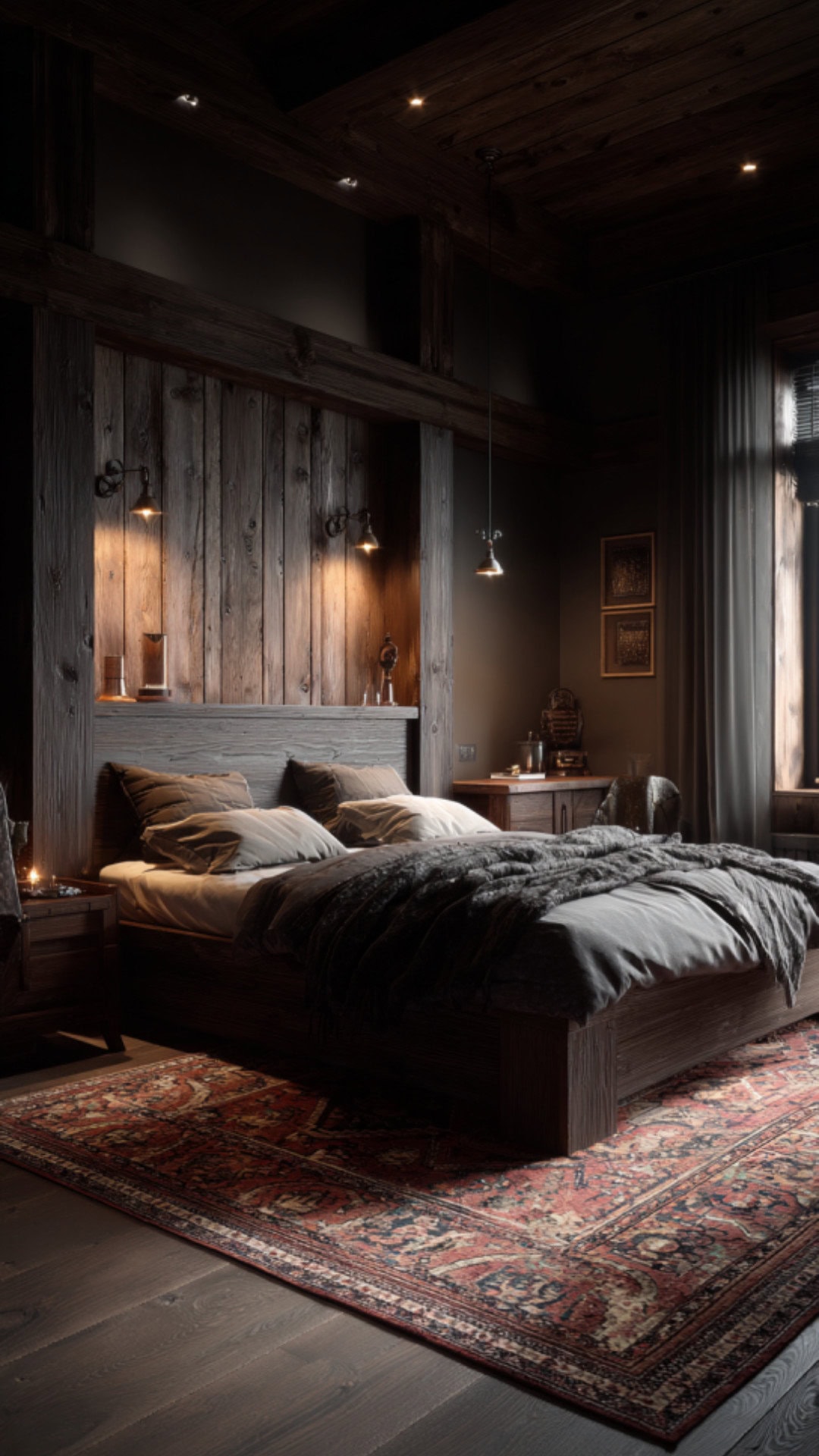 8. Farmhouse Moody Bedroom with Rustic Charm