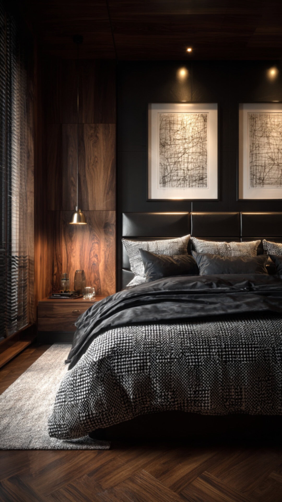 8. Black Japandi Bedroom with Bold Sophistication