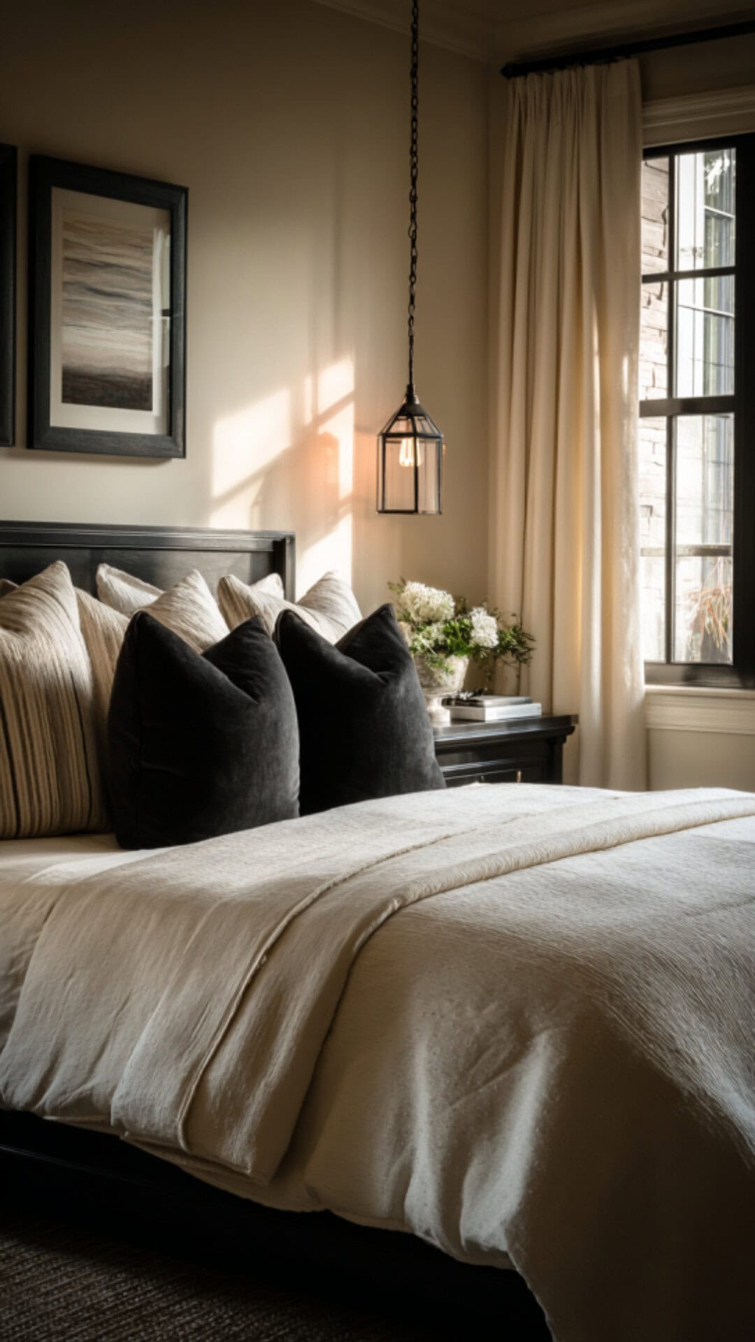 8. Black and Cream Bedroom with Subtle Softness