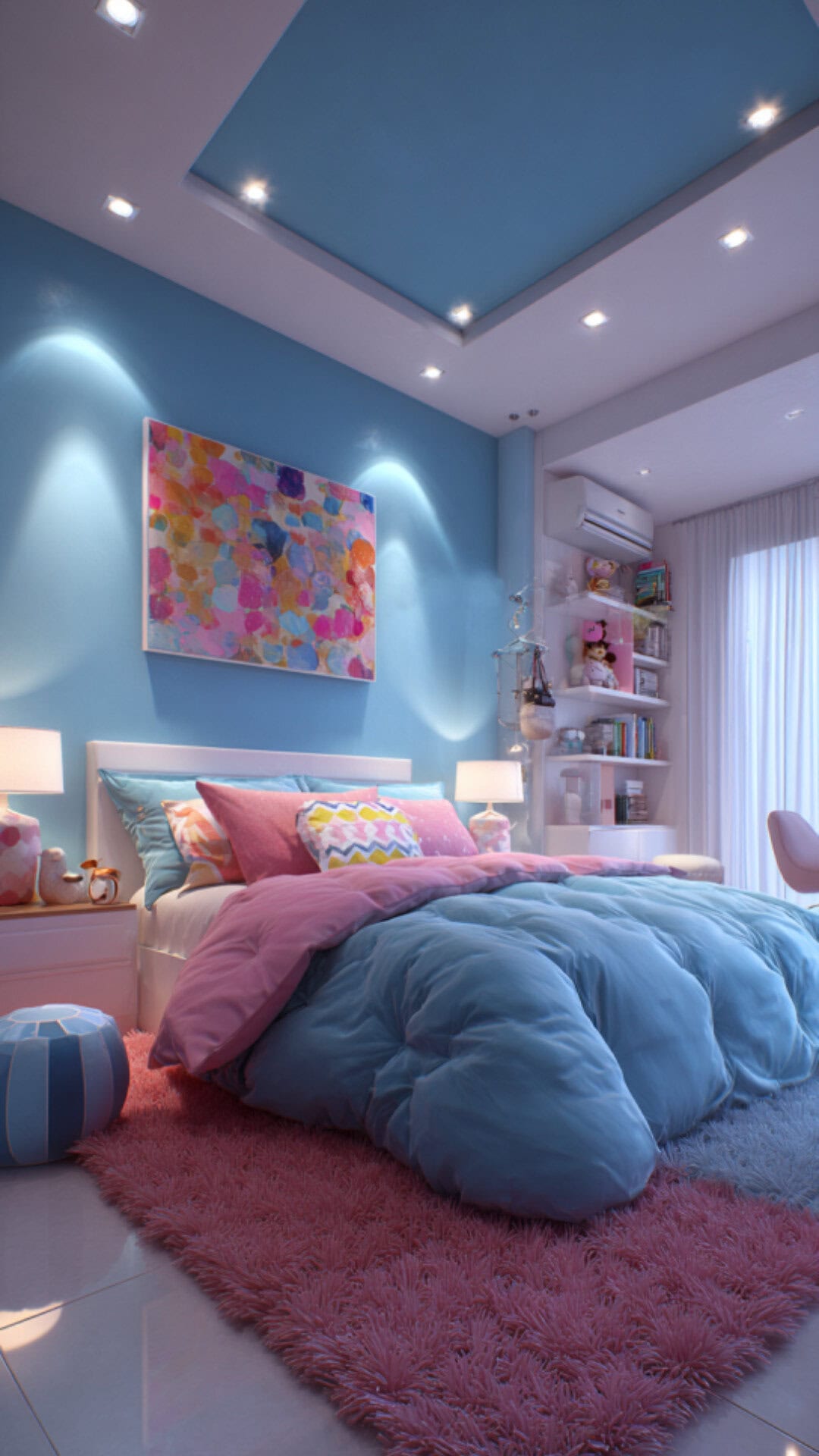 8. Blue and Pink Bedroom with Playful Charm