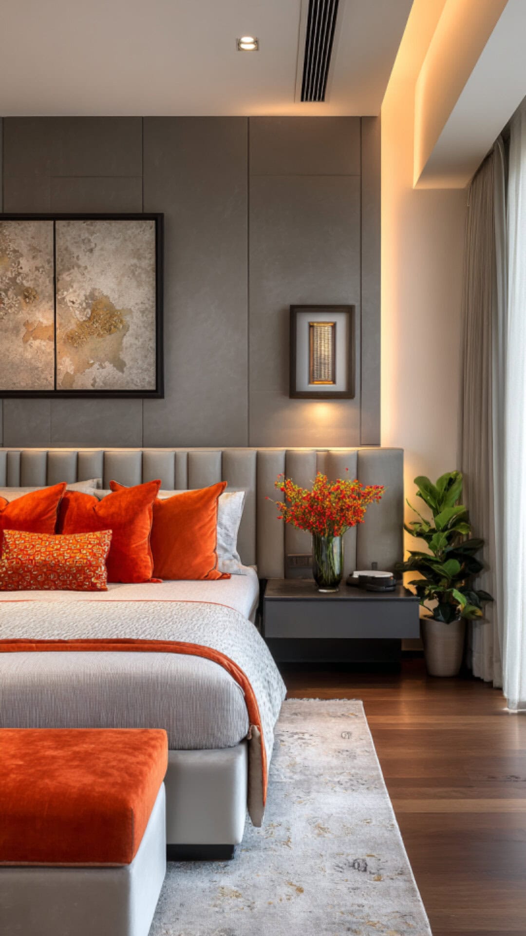 8. Orange and Grey Bedroom with Subtle Sophistication