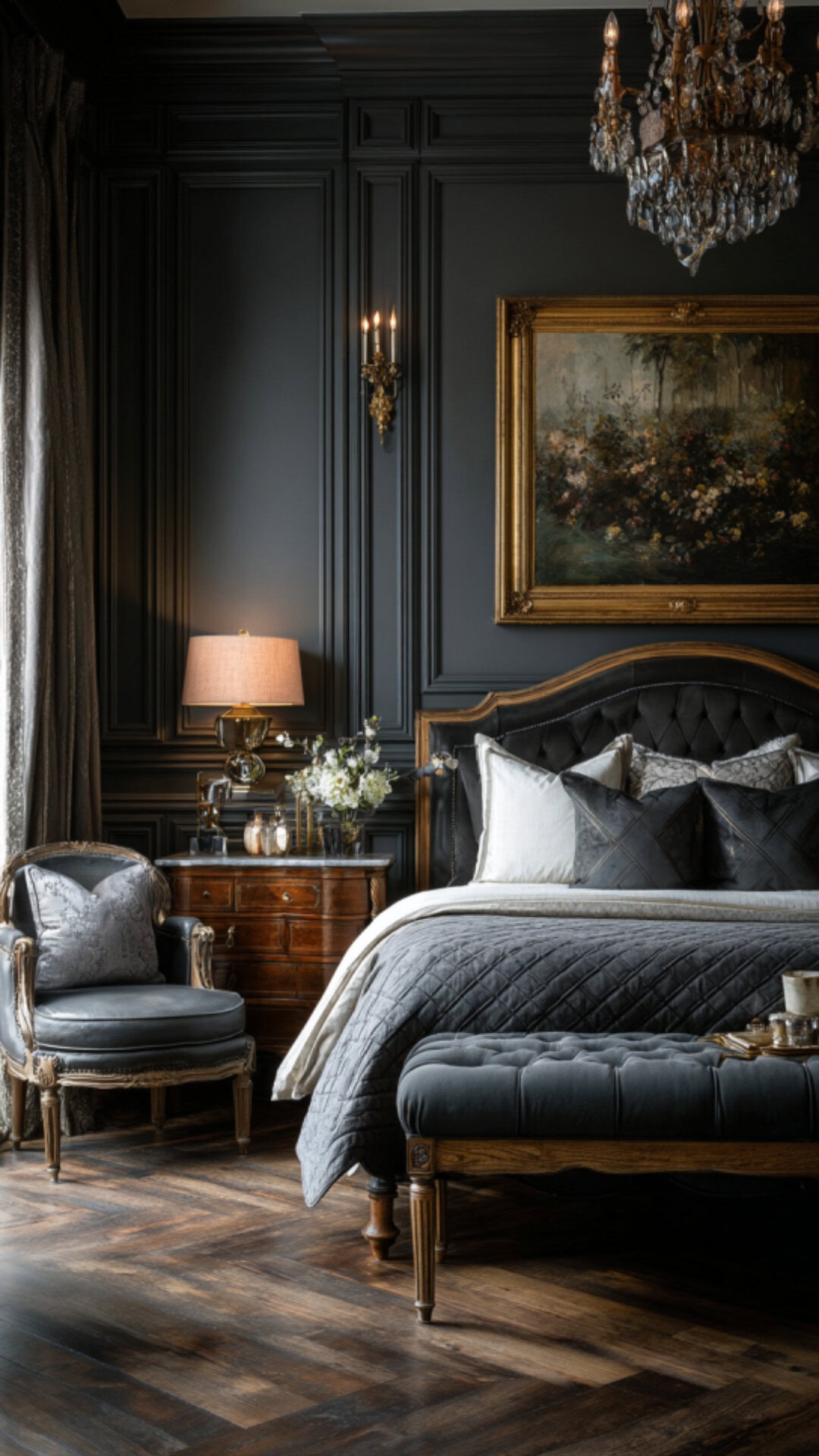 8. Dark Gray French Bedroom with Timeless Balance