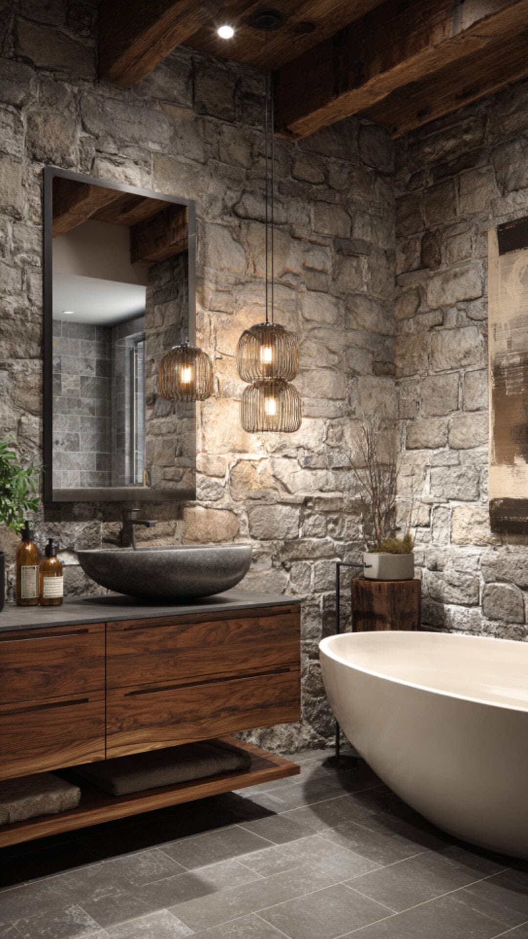 8. Rustic Contemporary Bathroom with Natural Warmth