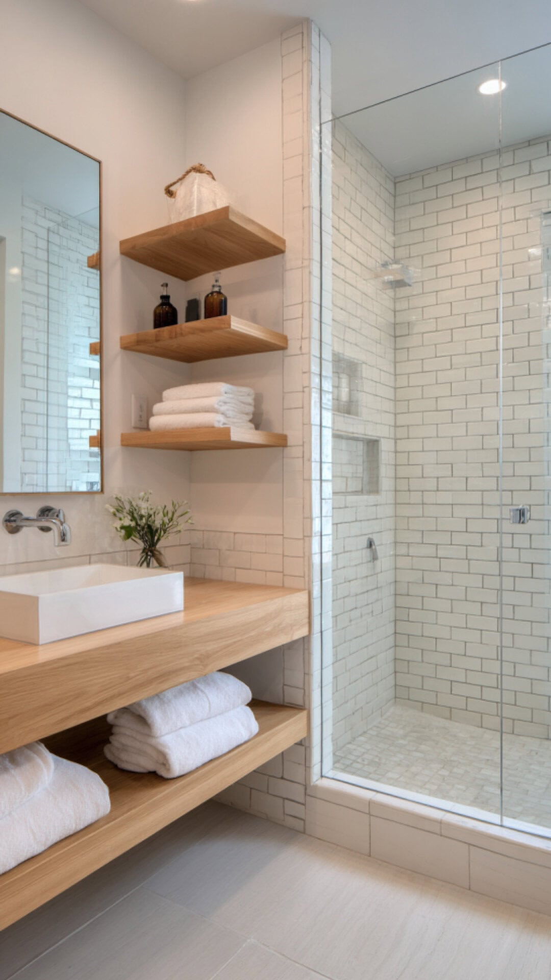 8. White Oak Floating Shelves with Subtle Elegance
