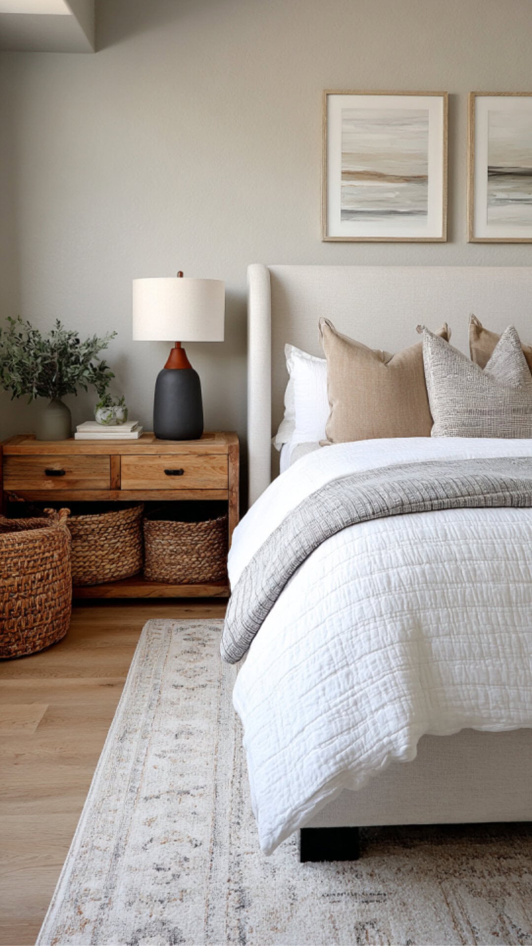 8. Grey and White Bedroom with Tan Accents