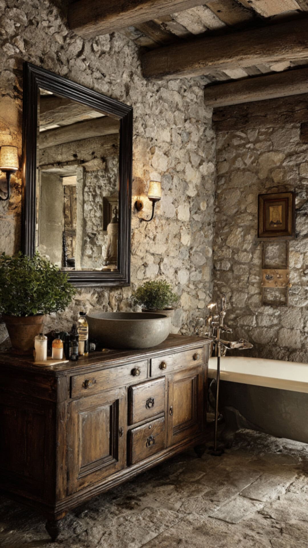 8. Rustic French Bathroom with Earthy Warmth