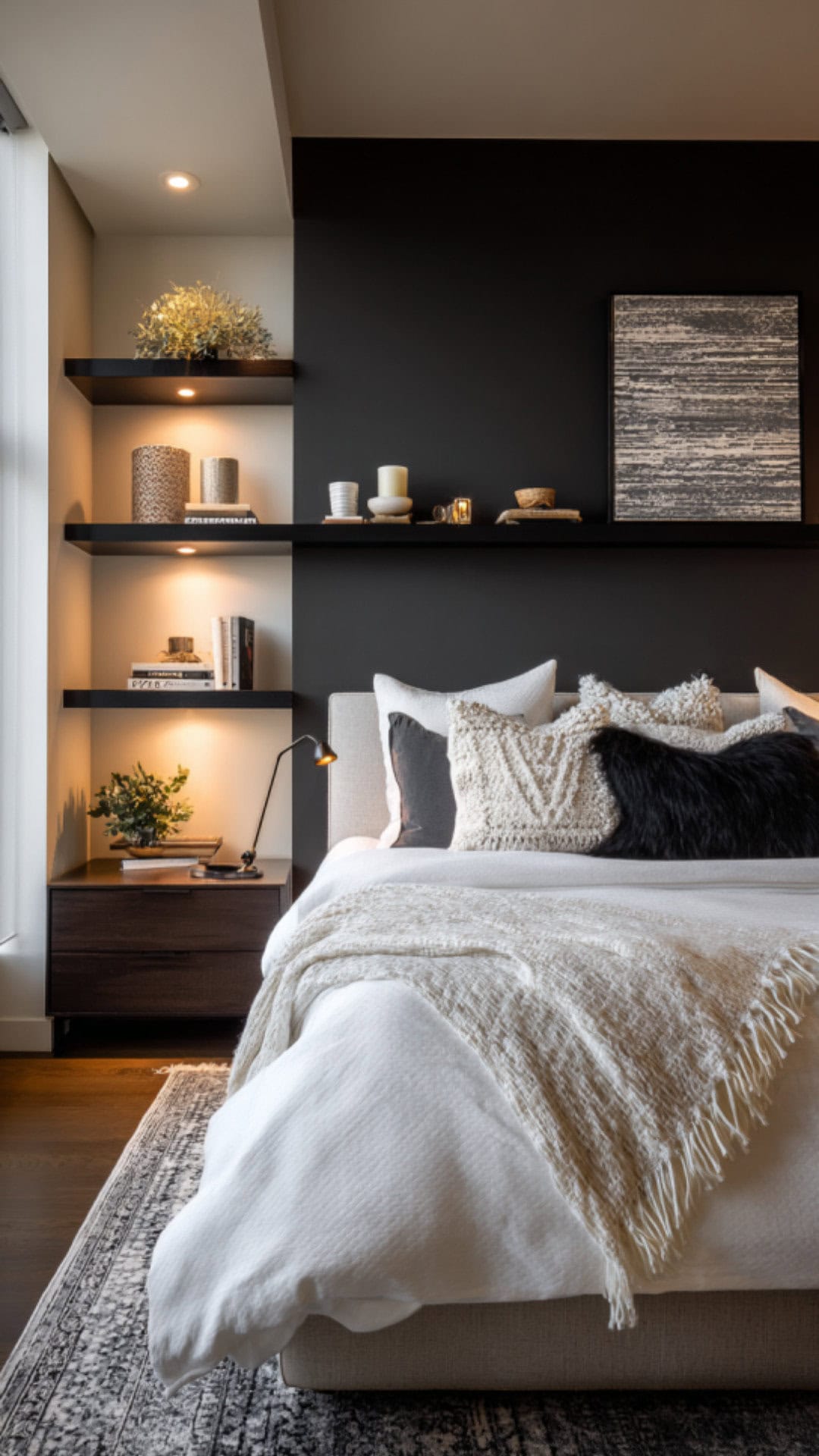 9. White Moody Bedroom with Striking Contrast