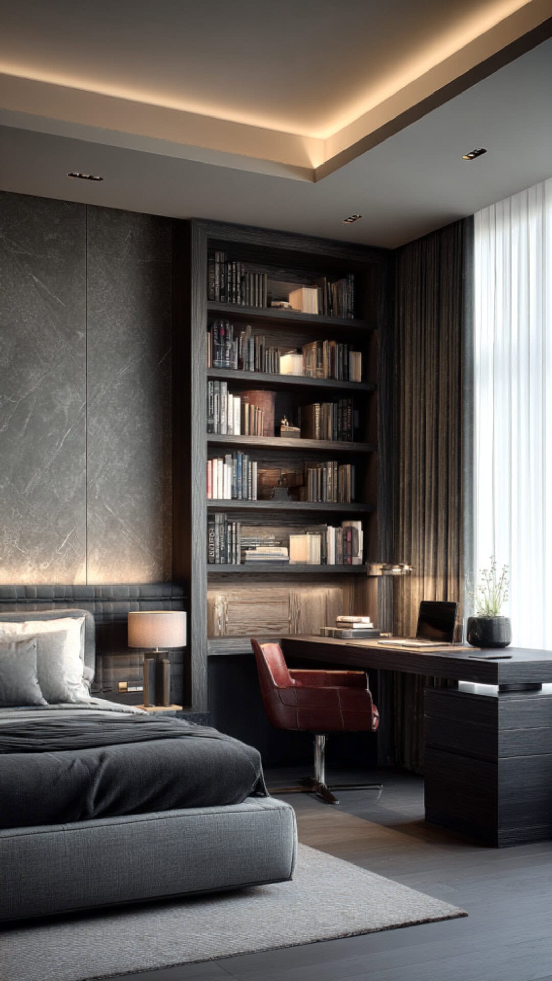 9. Masculine Luxury Master Bedroom with Strong Sophistication