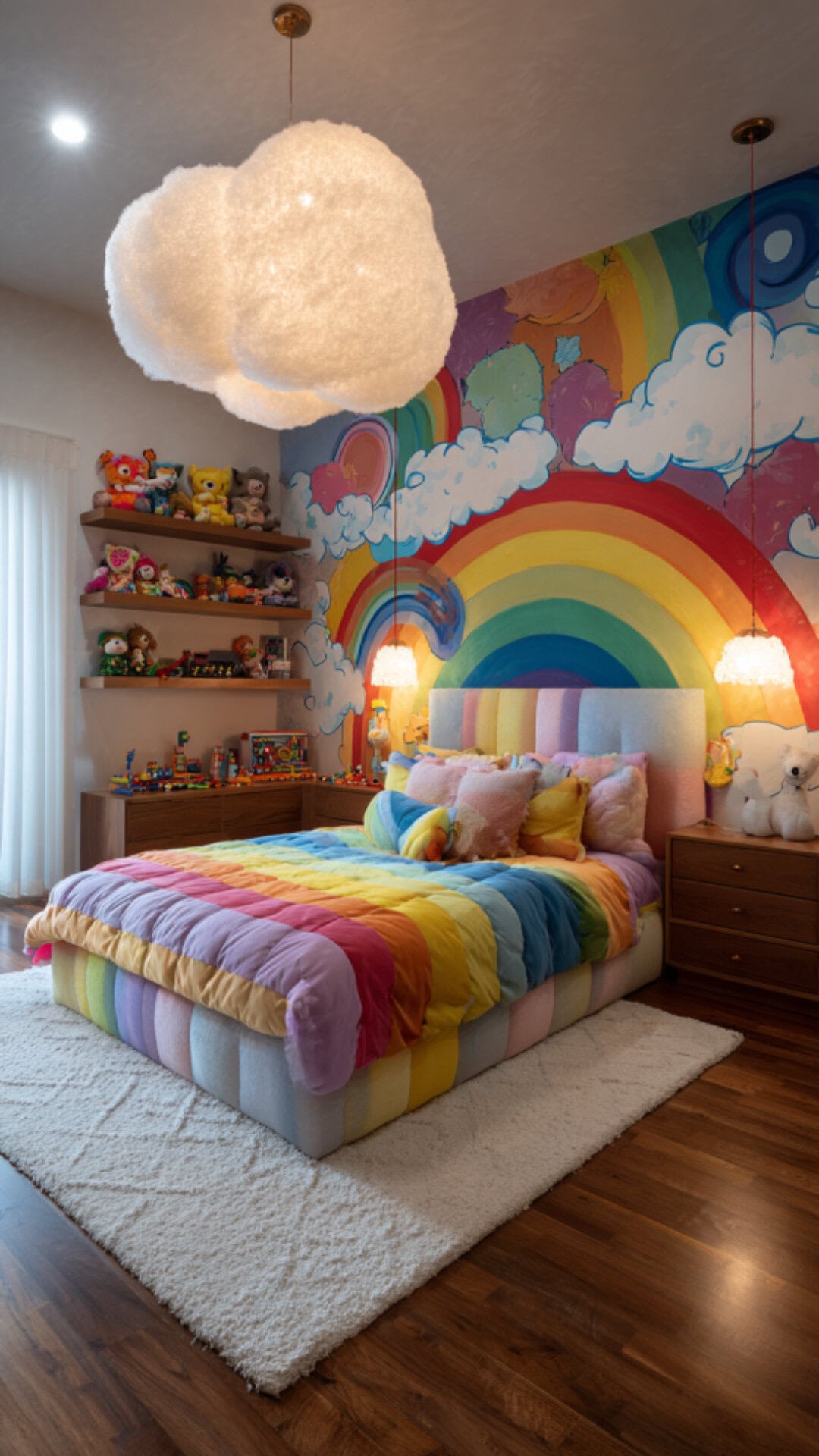 7. Rainbow-Themed Girls Bedroom with Joyful Playfulness