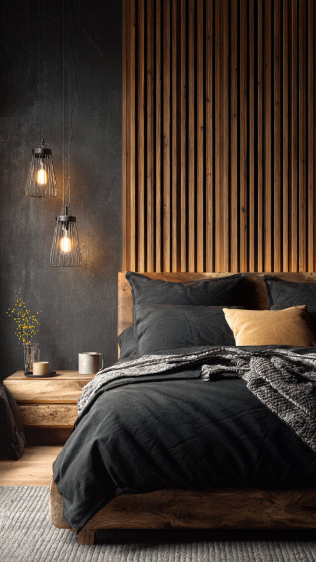 9. Black and Wood Bedroom with Organic Warmth