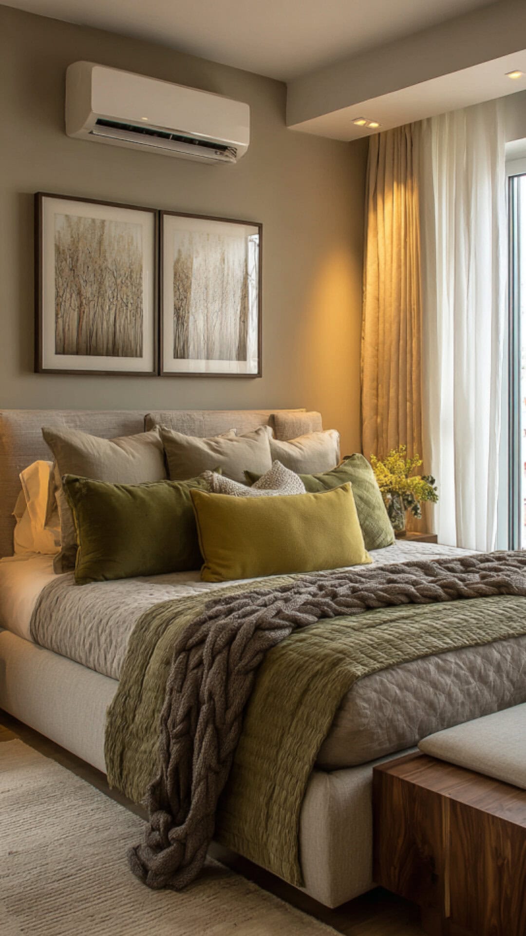 9. Beige and Olive Green Bedroom with Earthy Elegance