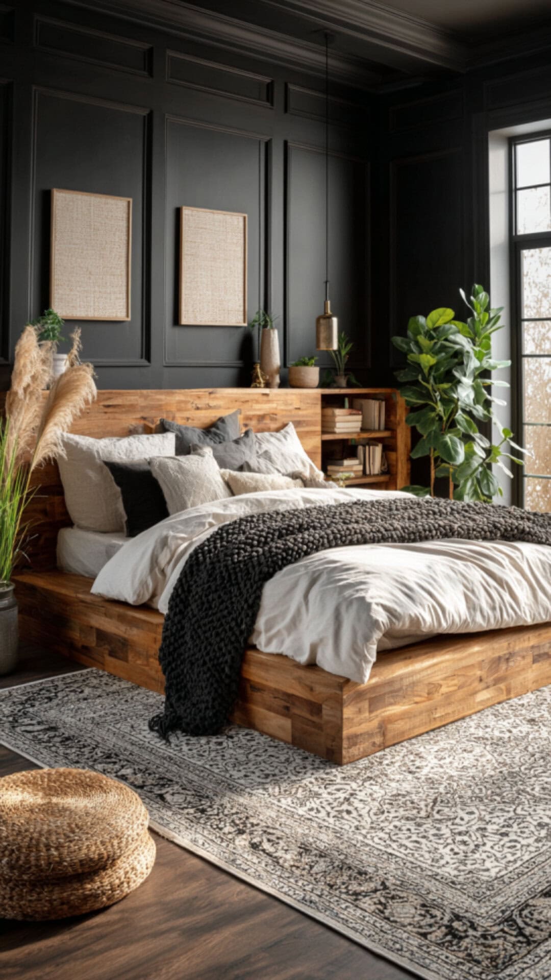 9. Black and White Bedroom with Wood Accents