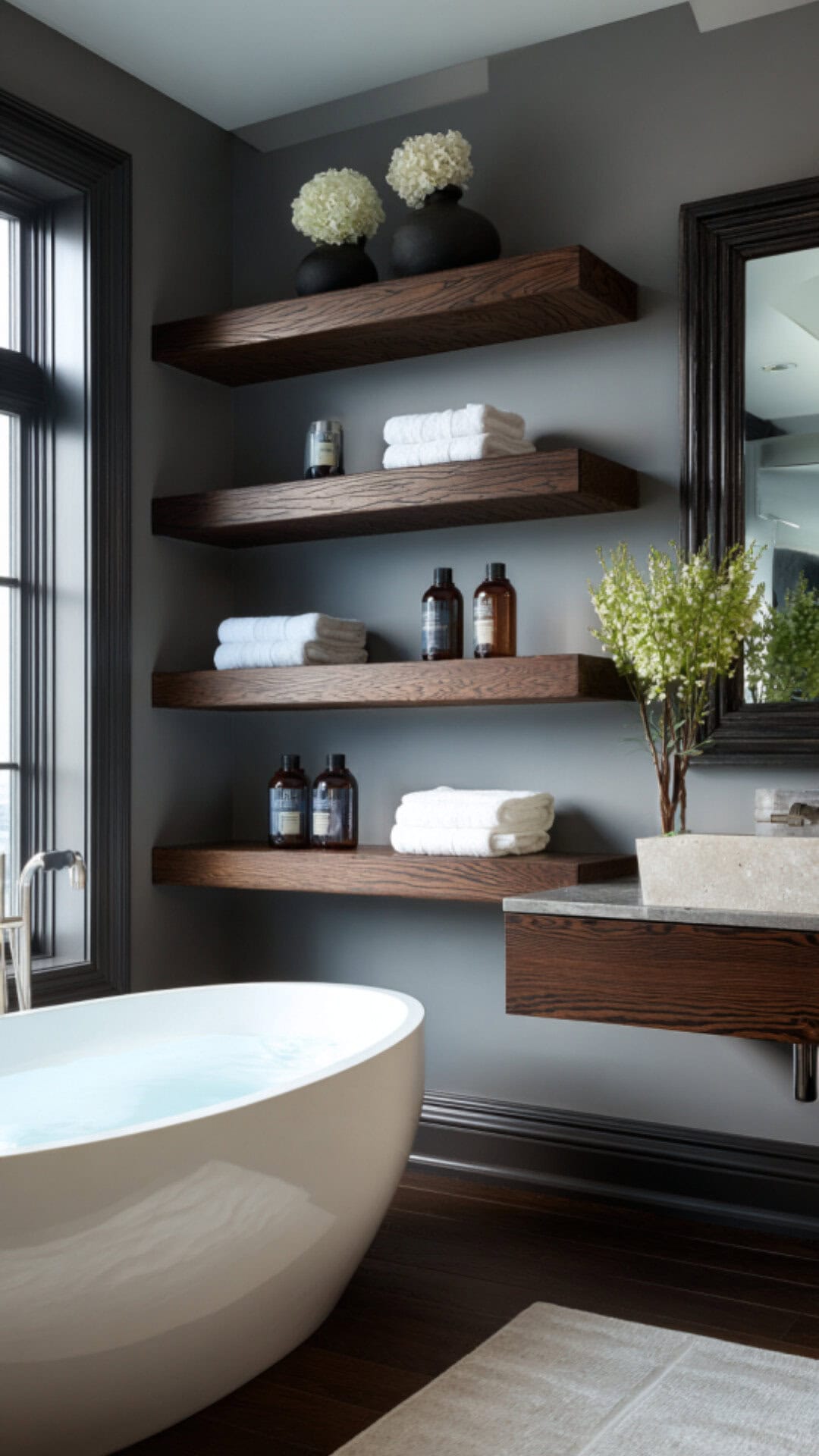 9. Dark Wood Floating Shelves for Sophistication