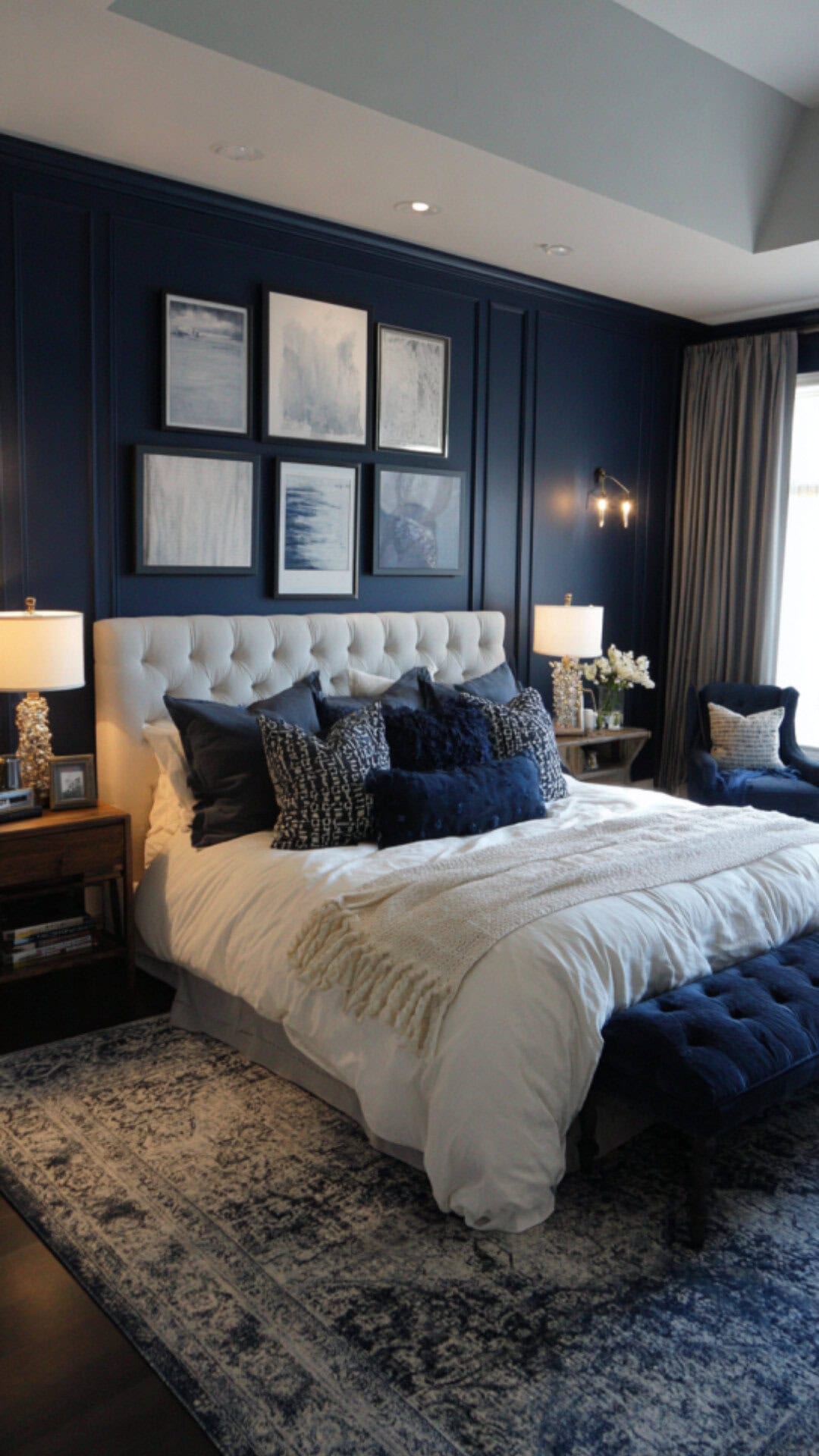 9. Navy Dark Bedroom with Classic Depth