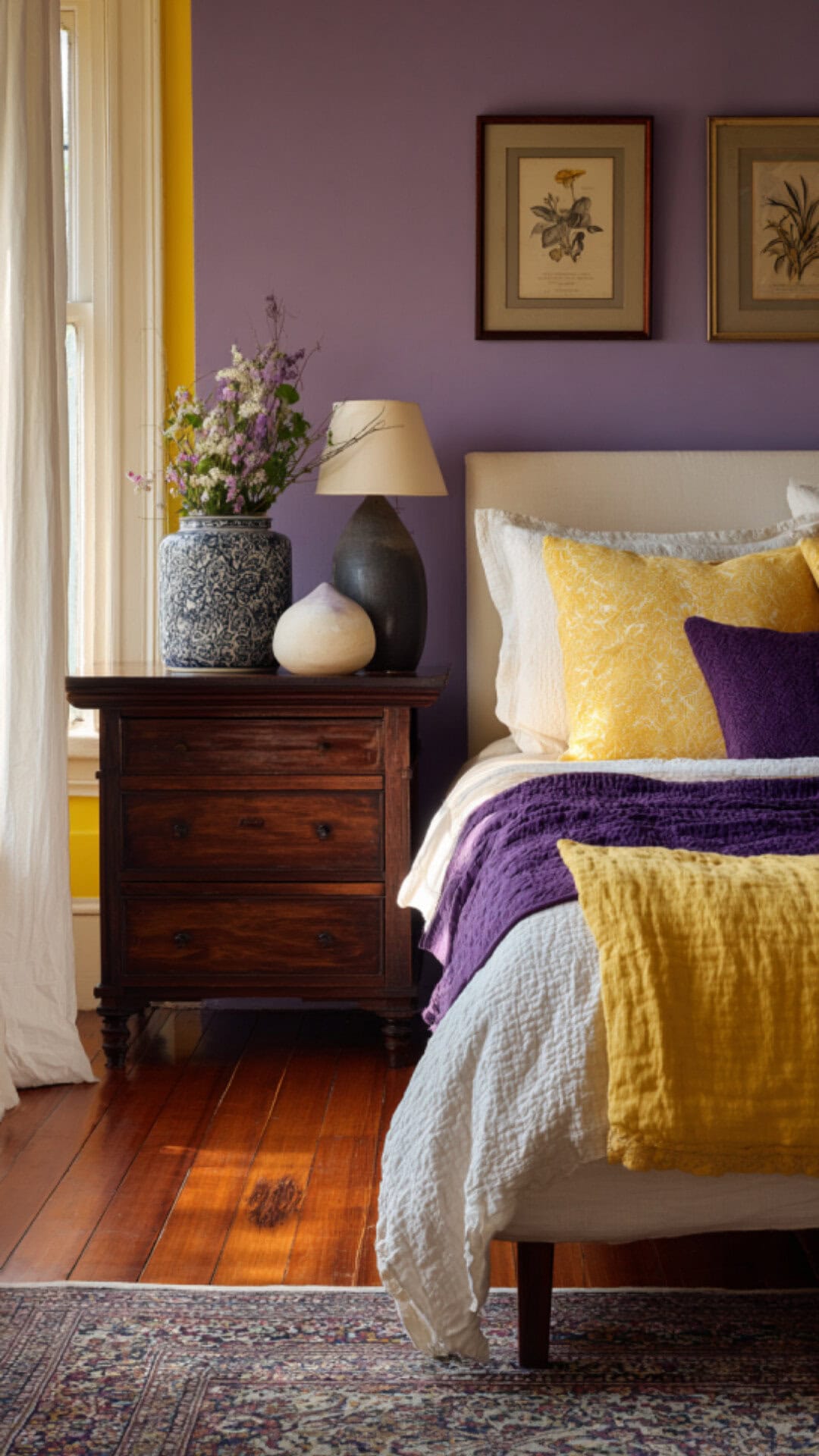 9. Yellow and Purple Bedroom with Playful Contrast