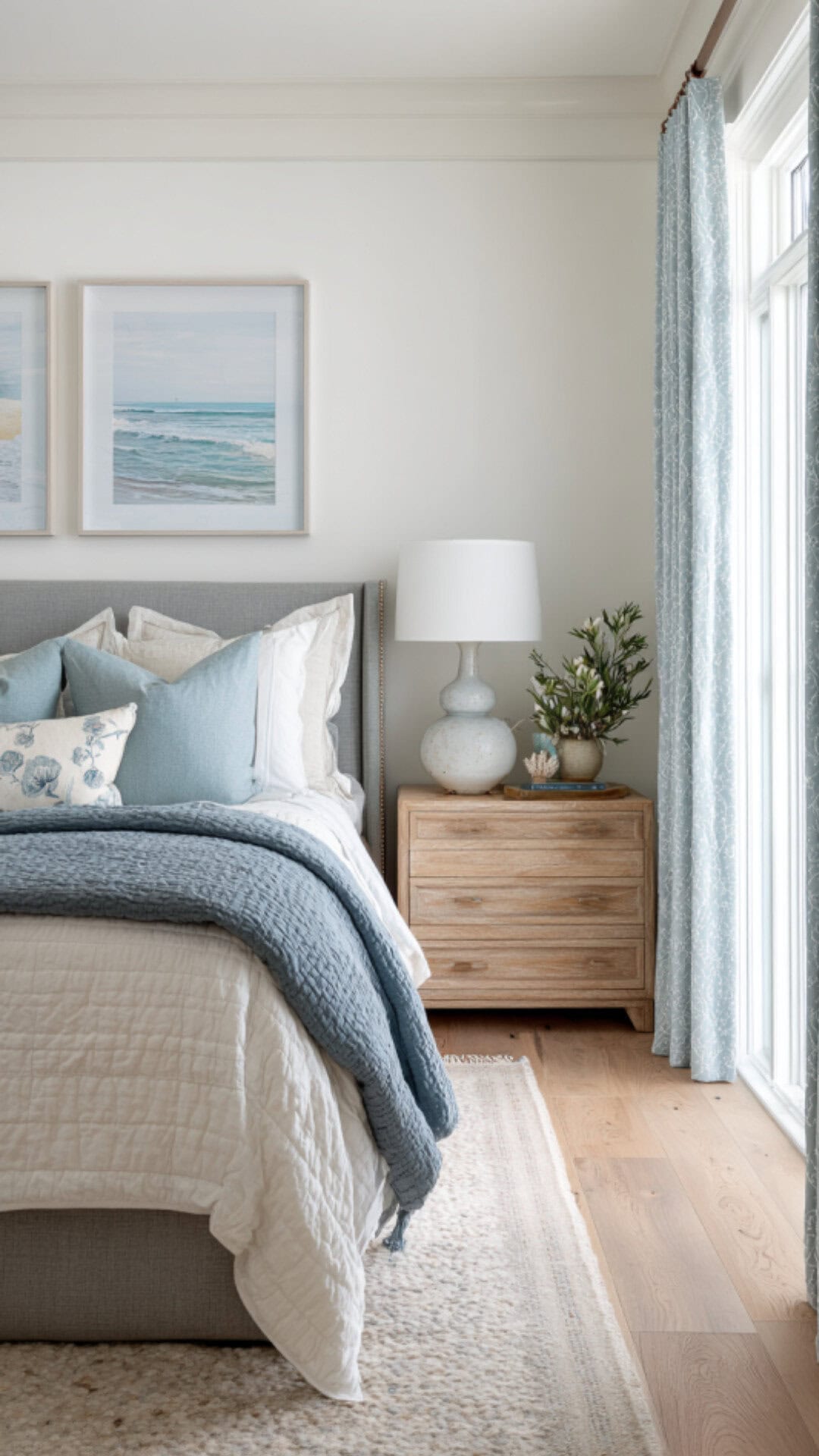 9. Grey and White Bedroom with Light Blue Accents