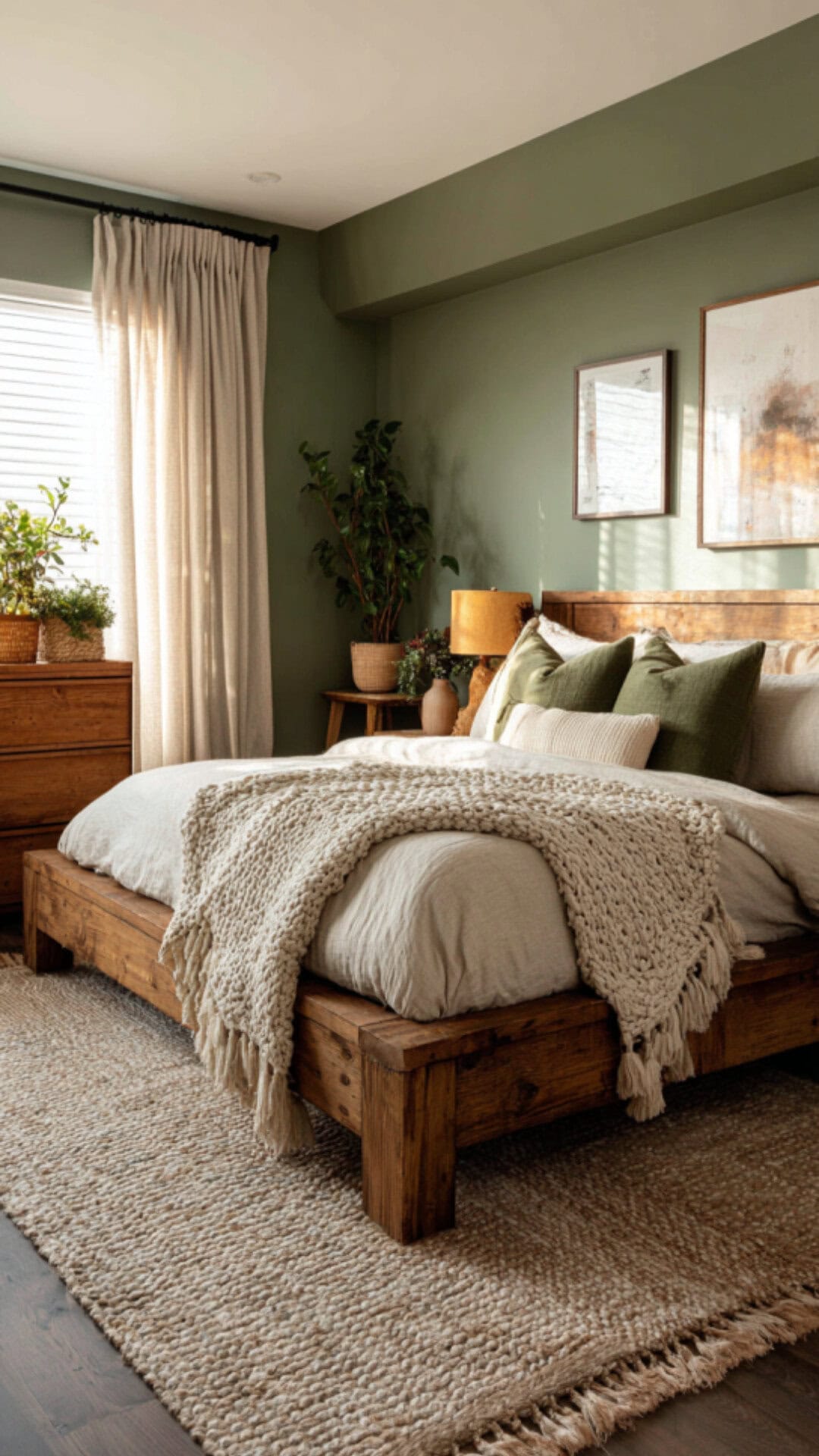 9. Aesthetic Green Warm Bedroom with Natural Calm