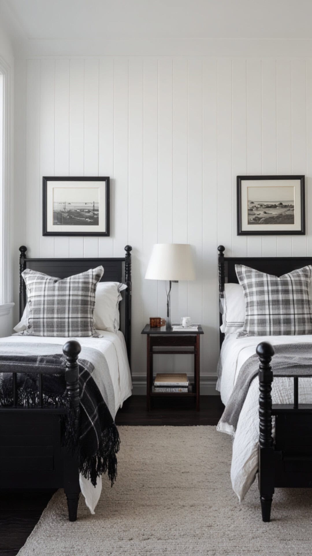 9. Black and White Twin Bedroom with Bold Contrast