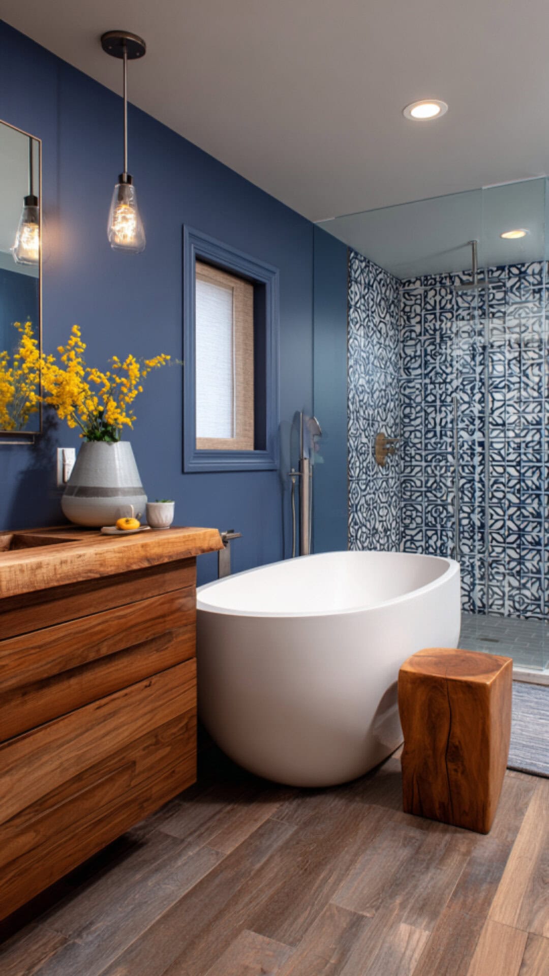 9. Blue and Wood Bathroom with Fresh Contrast