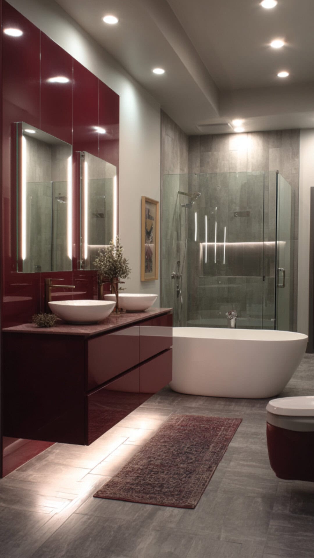 9. Modern Burgundy Bathroom with Sleek Finishes