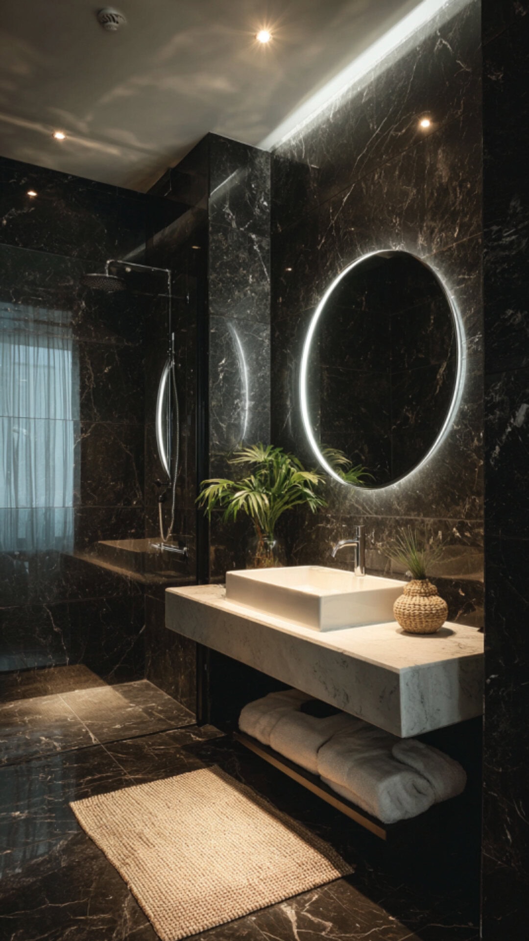 1. Black Marble Bathroom with White Accents