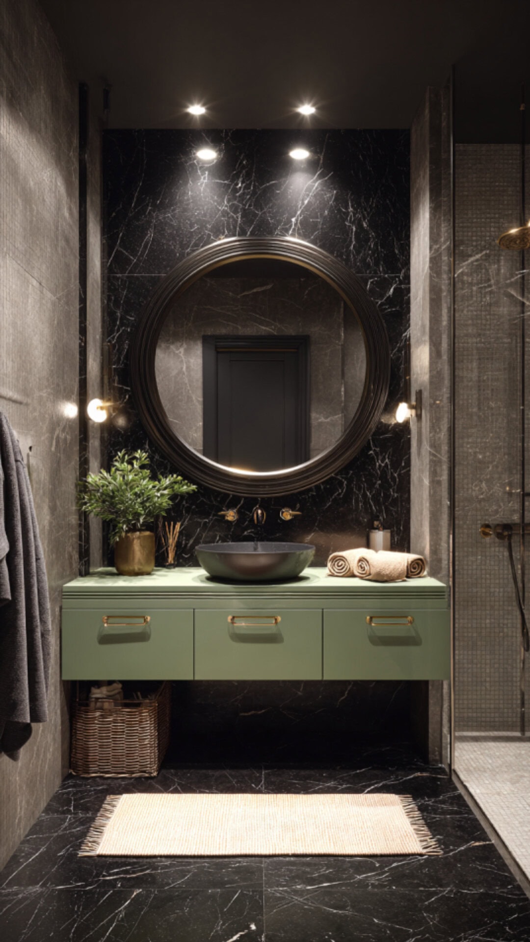 10. Black Marble Bathroom with Sage Green Accents