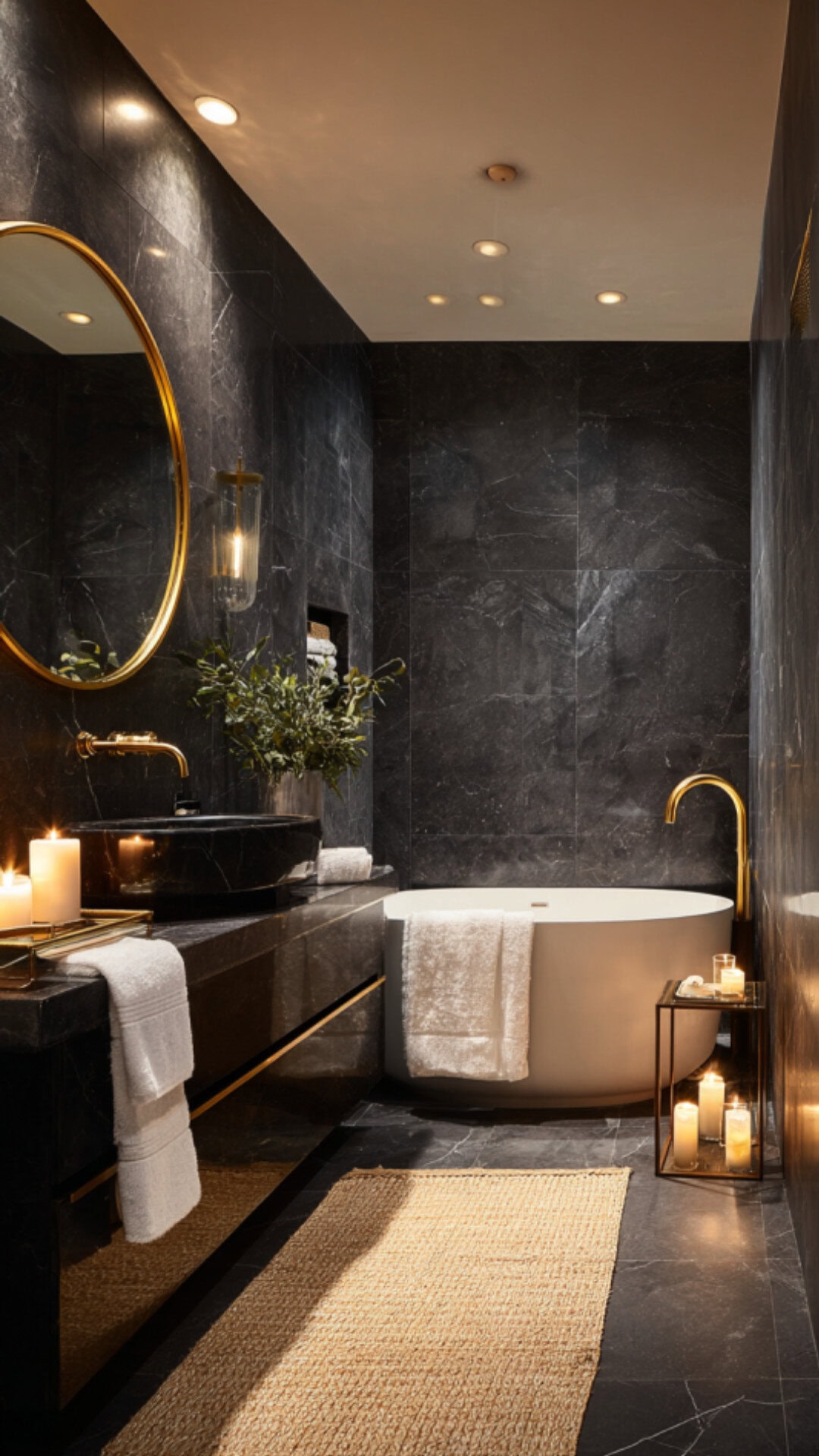 3. Black Marble Bathroom with Gold Fixtures