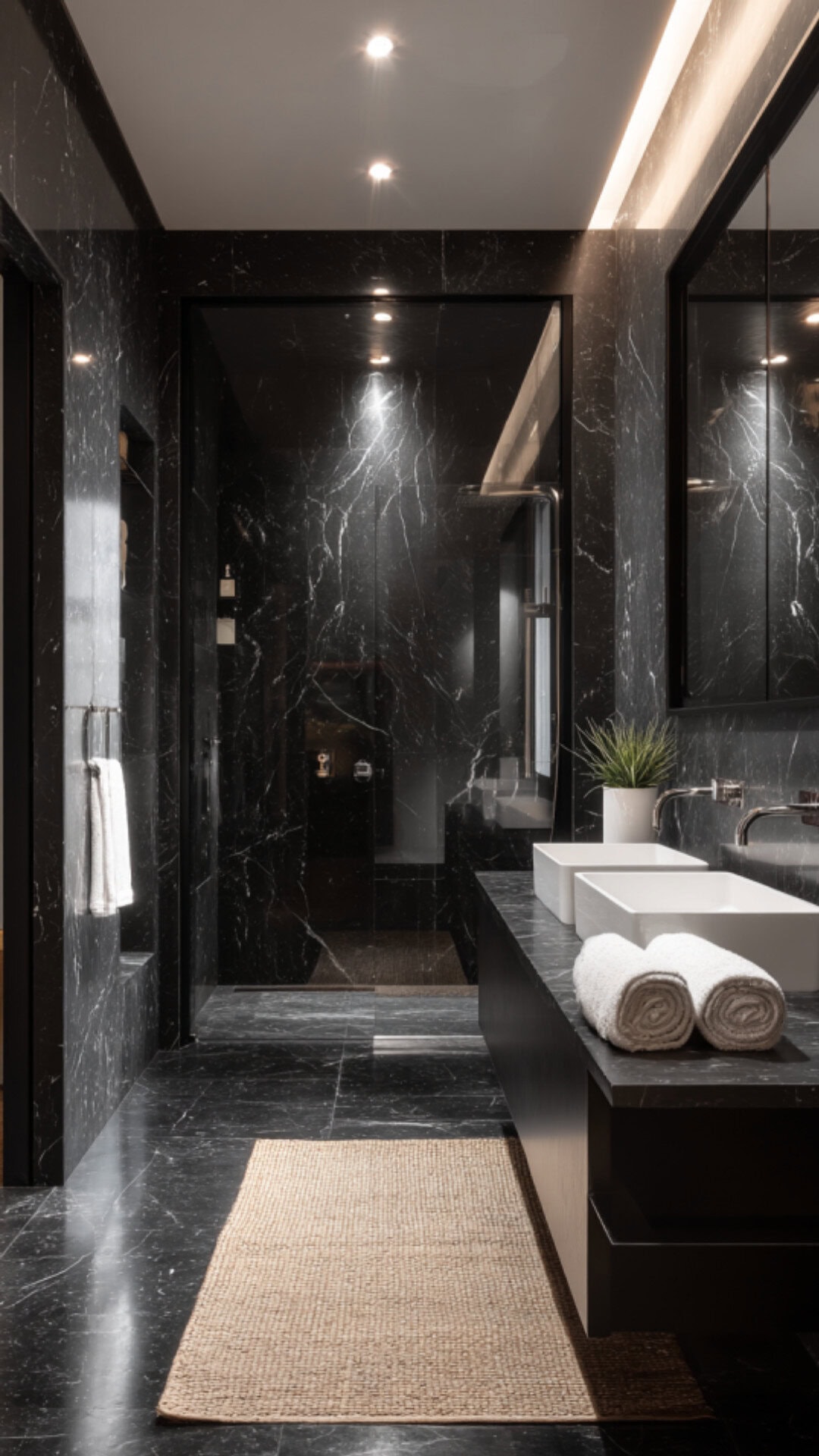4. Minimalist Black Marble Bathroom with Clean Lines