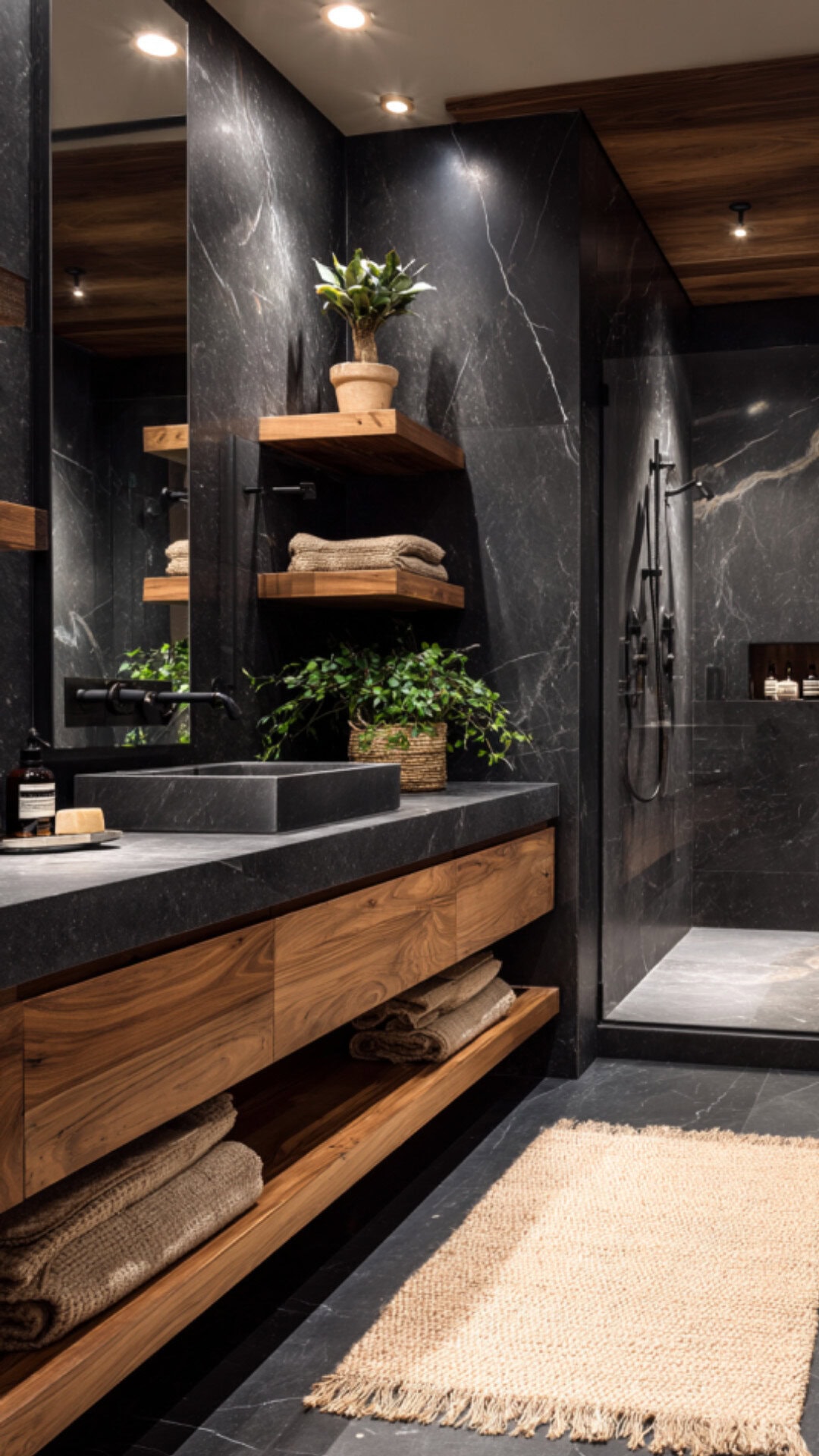 5. Black Marble Bathroom with Wood Accents