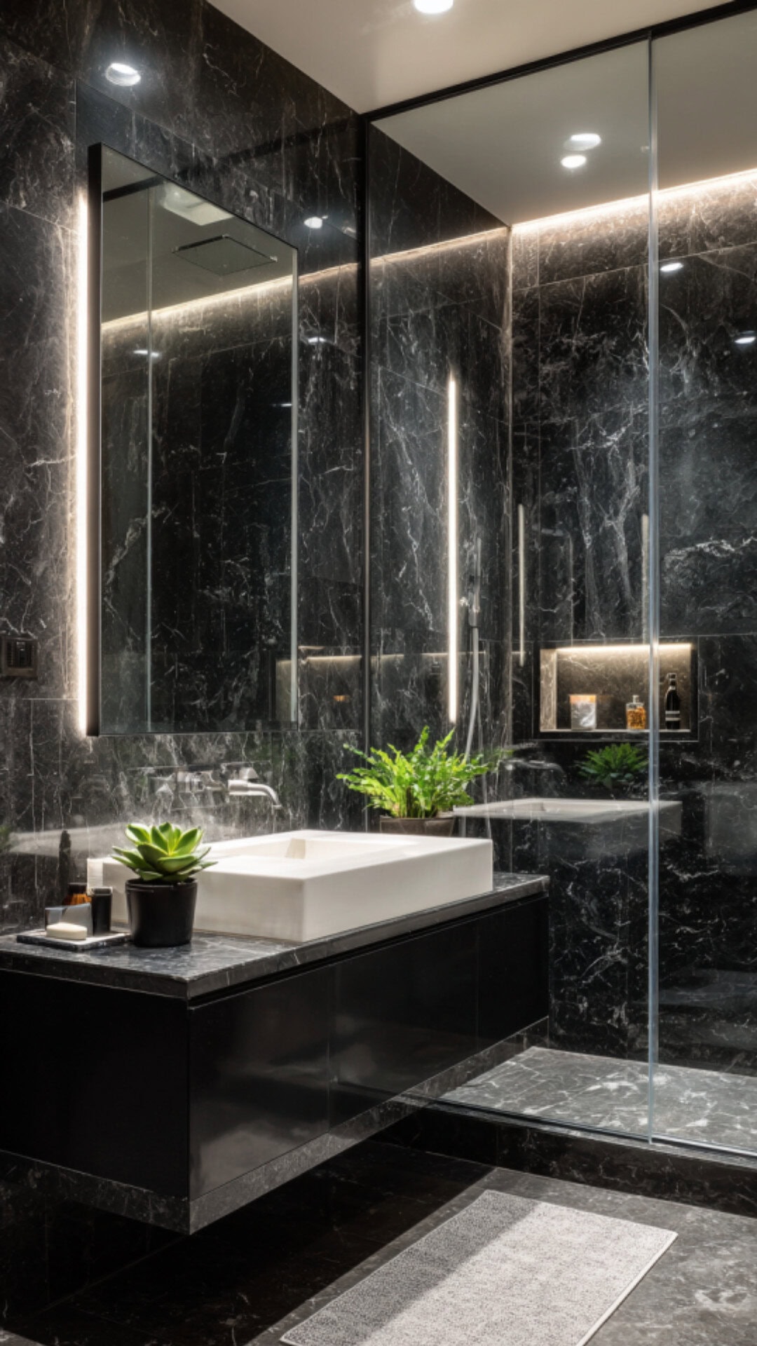 6. Modern Black Marble Bathroom with Polished Finishes