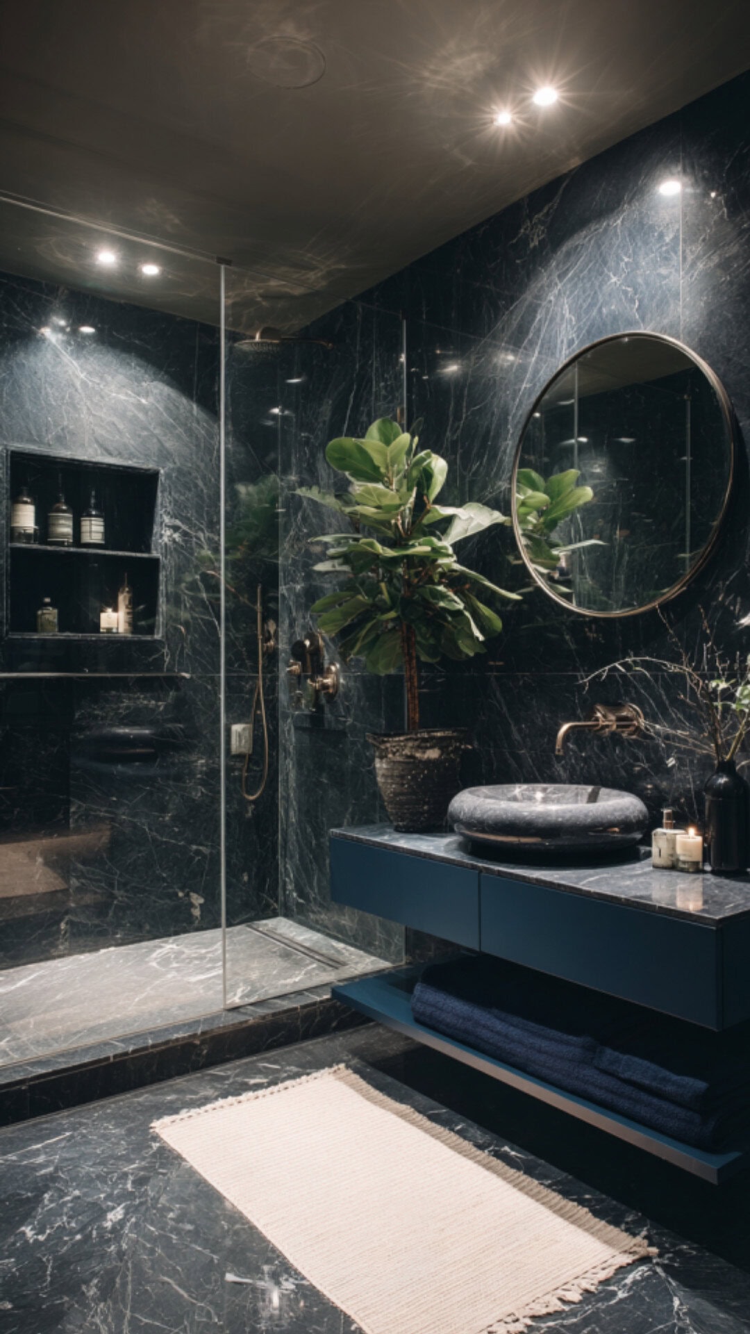 7. Black Marble Bathroom with Navy Blue Touches
