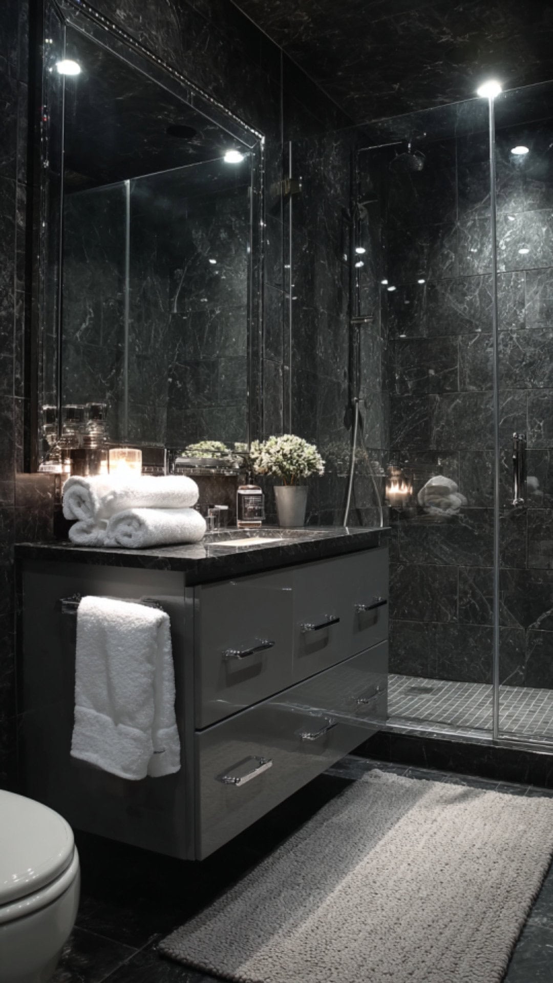 8. Black Marble Bathroom with Silver Hardware