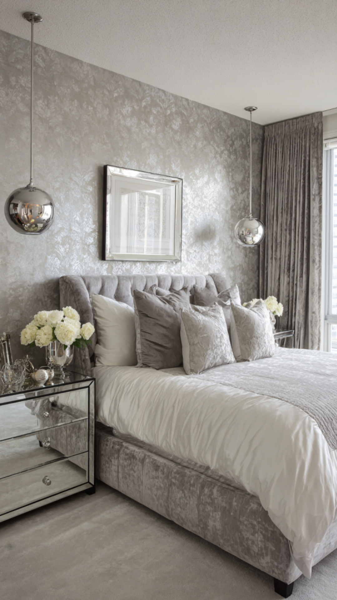9. Silver Bedroom Color Combination with Chic Shine