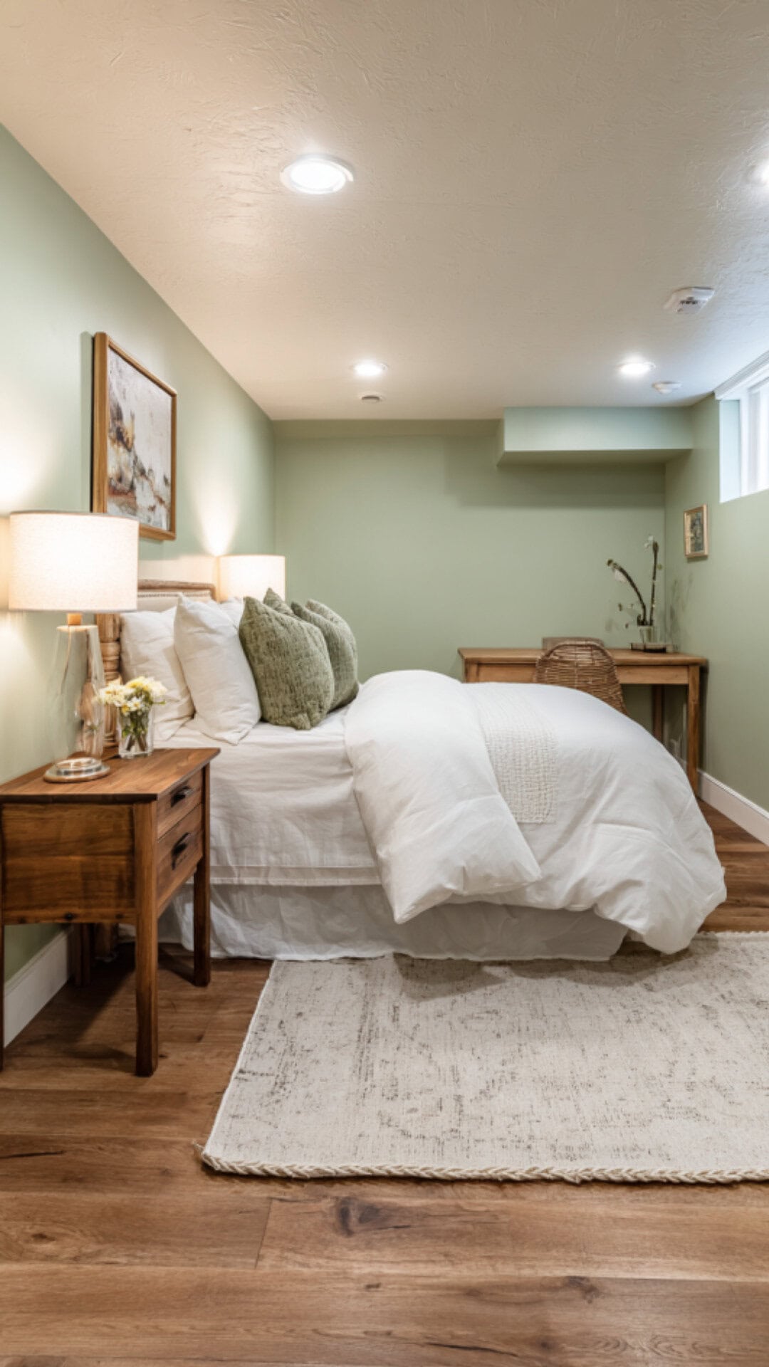 9. Light Green Basement Bedroom