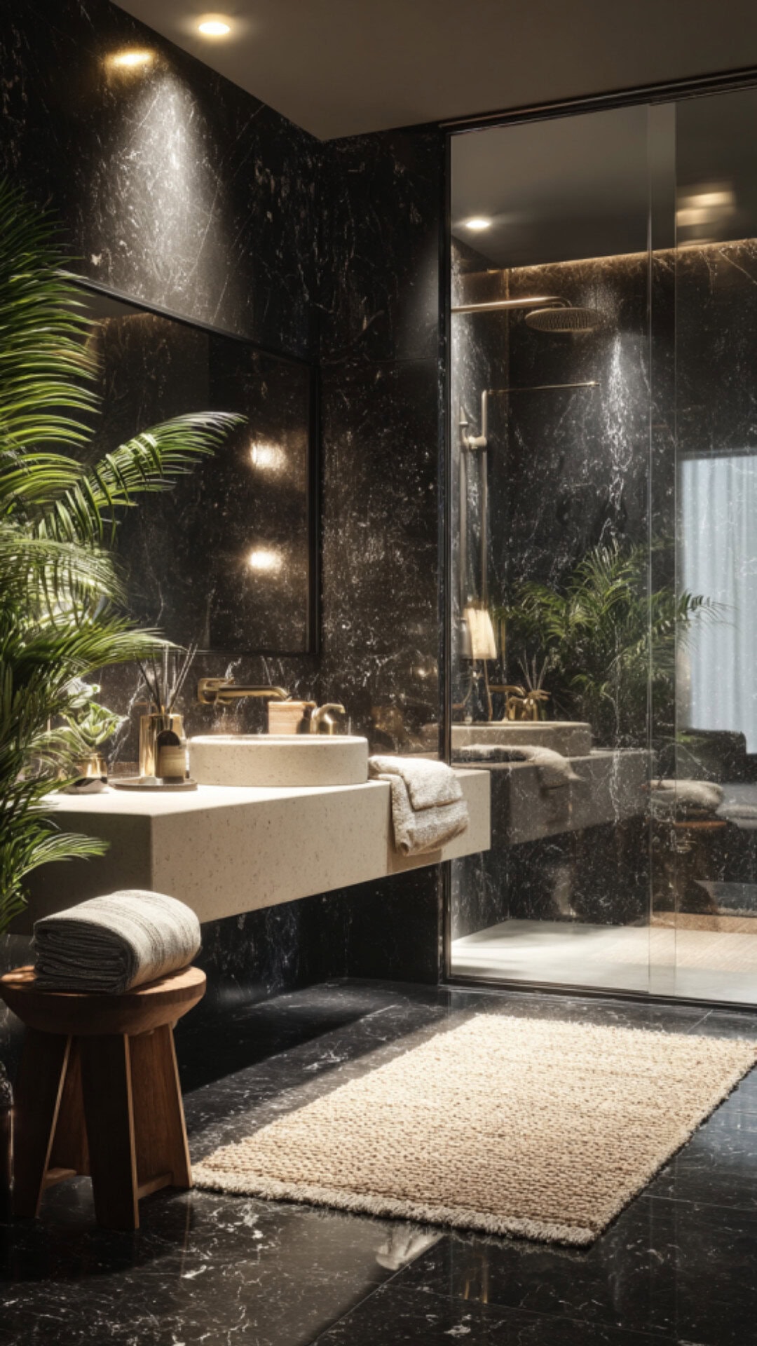 9. Black Marble Bathroom with Beige Elements