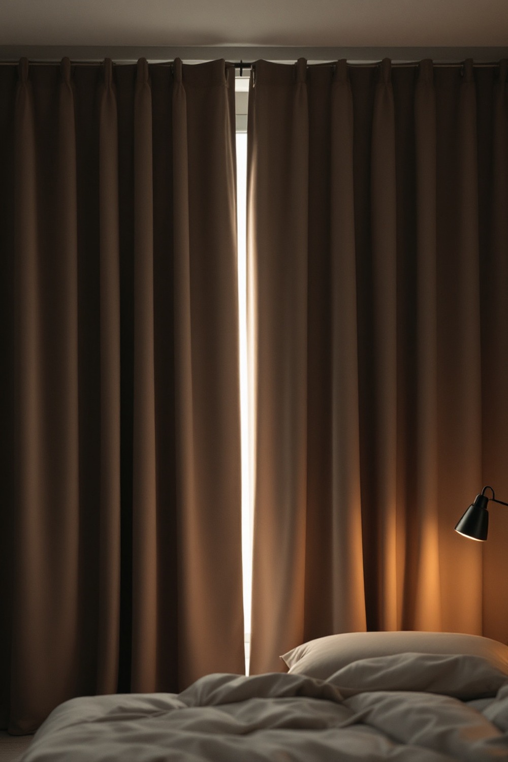A minimalist bedroom with blackout curtains drawn closed, dim and cozy for sleep