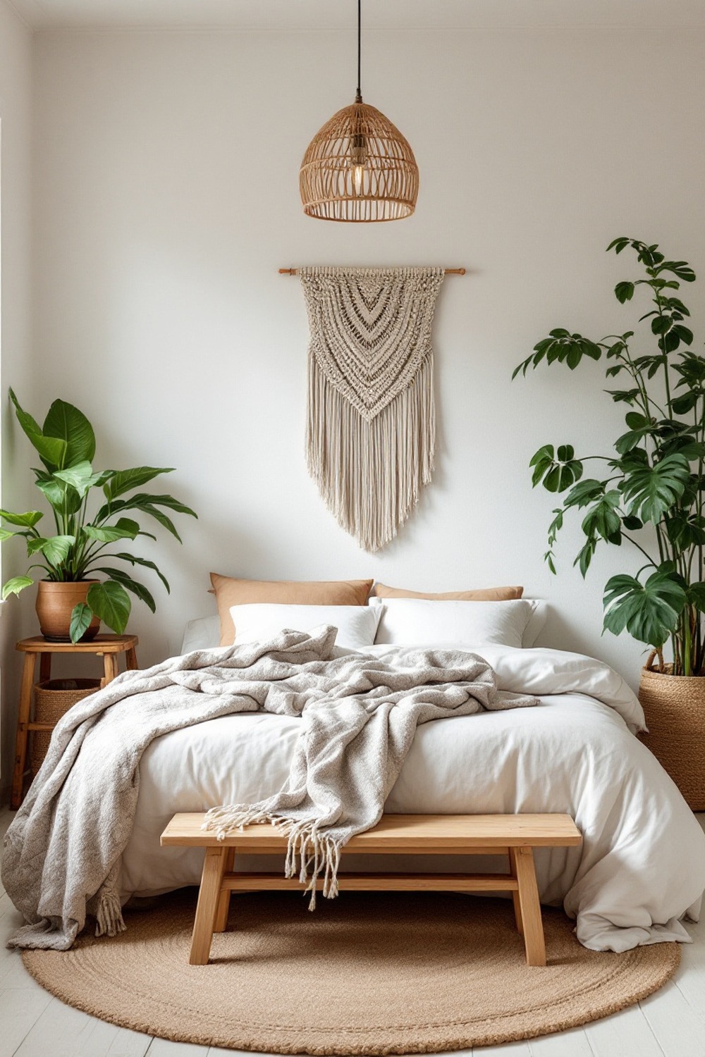 A boho minimalist bedroom with a rattan pendant, macrame wall hanging, jute rug and trailing plants