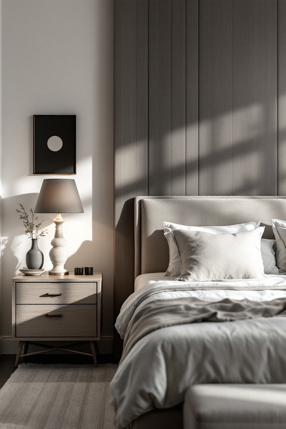 A classy minimalist bedroom with tailored furniture, symmetry and a refined neutral palette