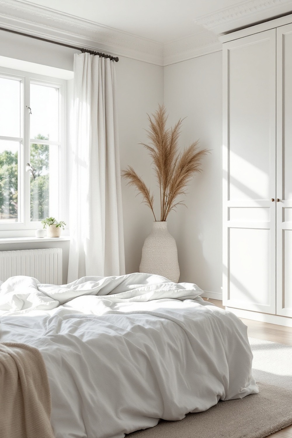 A clean minimalist bedroom with crisp white bedding, bright light and pristine surfaces