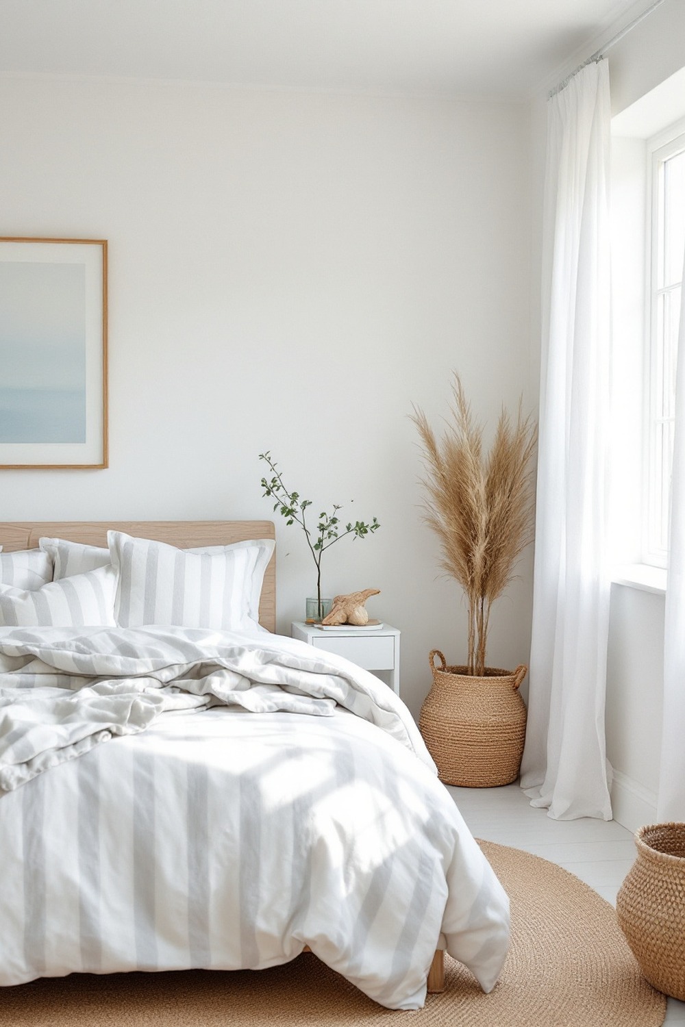 A coastal minimalist bedroom with soft blue striped bedding, light wood, sheer curtains and a jute basket