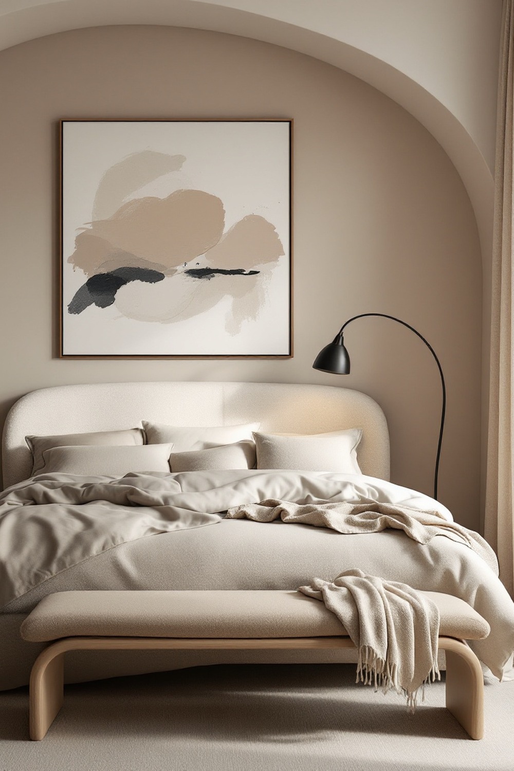 A contemporary minimalist bedroom with a rounded upholstered headboard, abstract art and an arc floor lamp