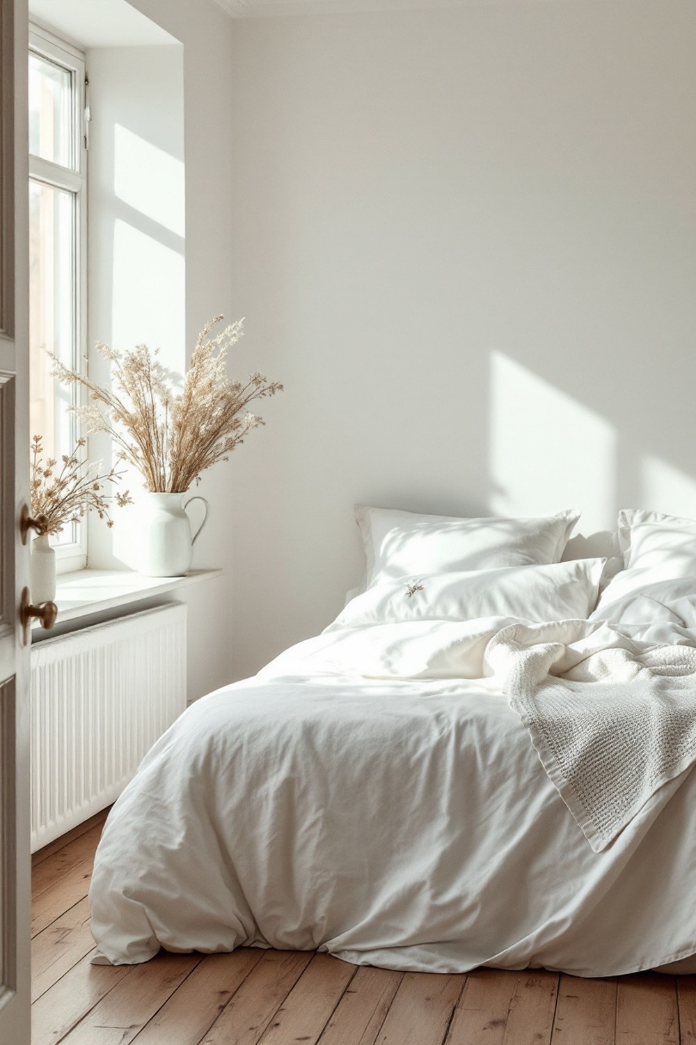 A cottagecore minimalist bedroom with creamy whites, aged wood and a jug of dried flowers