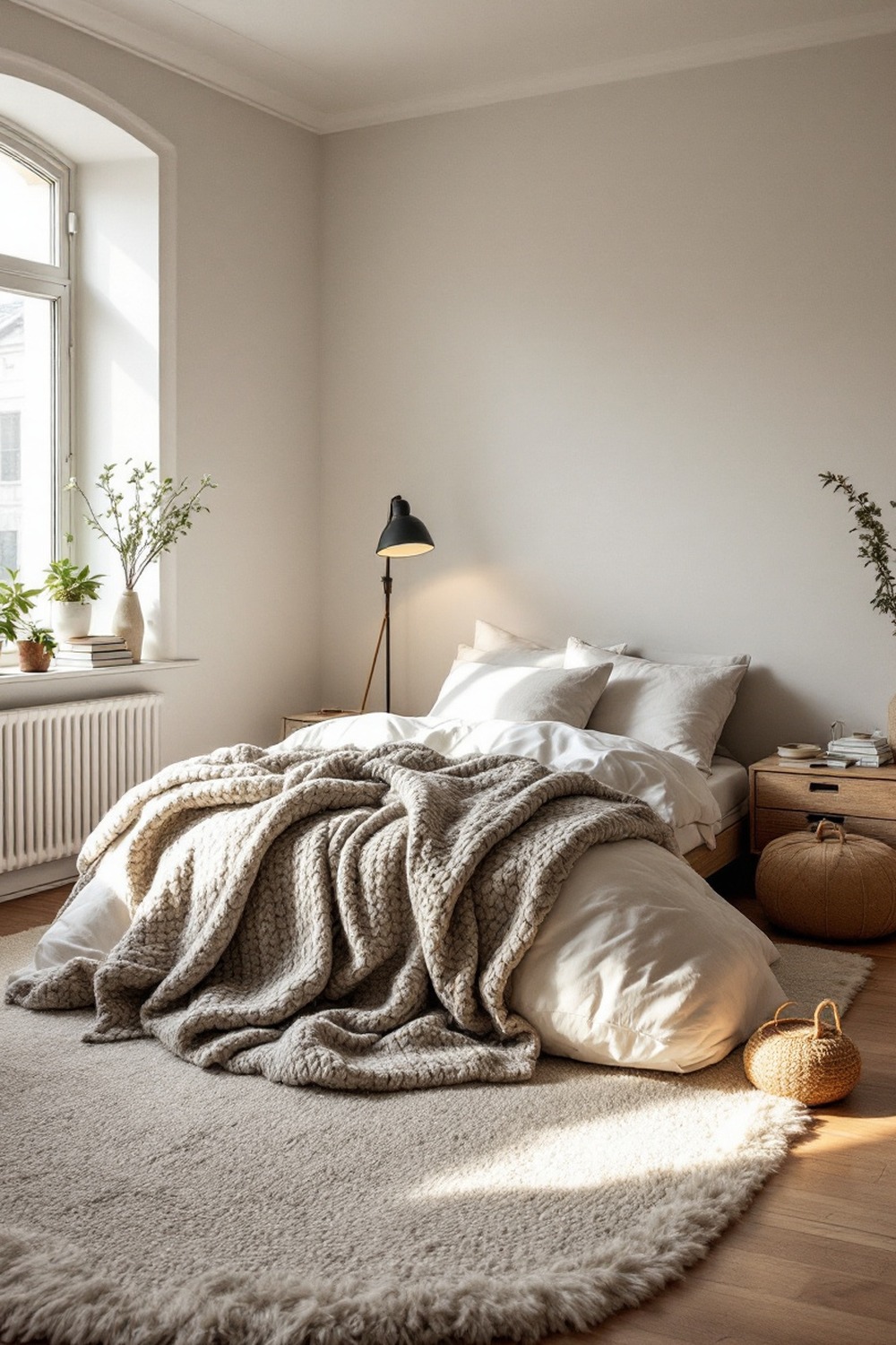A cozy minimalist bedroom with a chunky knit throw, a deep-pile rug and warm lamplight