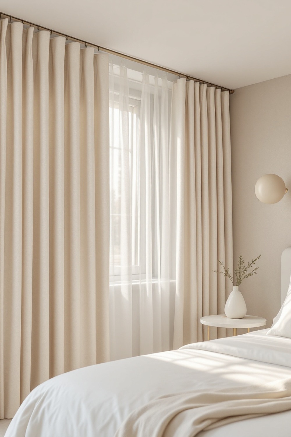 A minimalist bedroom with soft cream pinch-pleated curtains