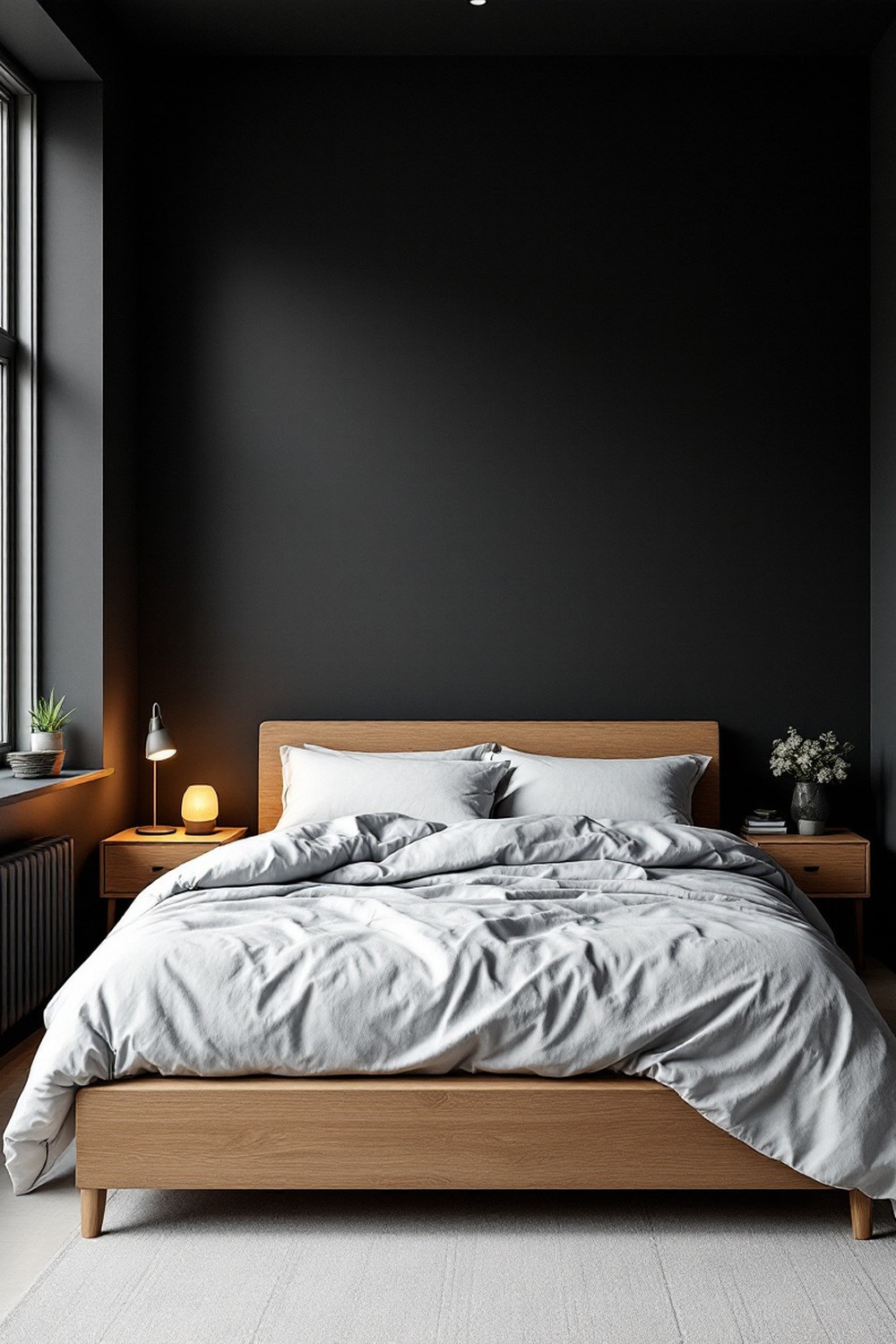 A dark minimalist bedroom with deep charcoal walls, warm wood and simple bedding