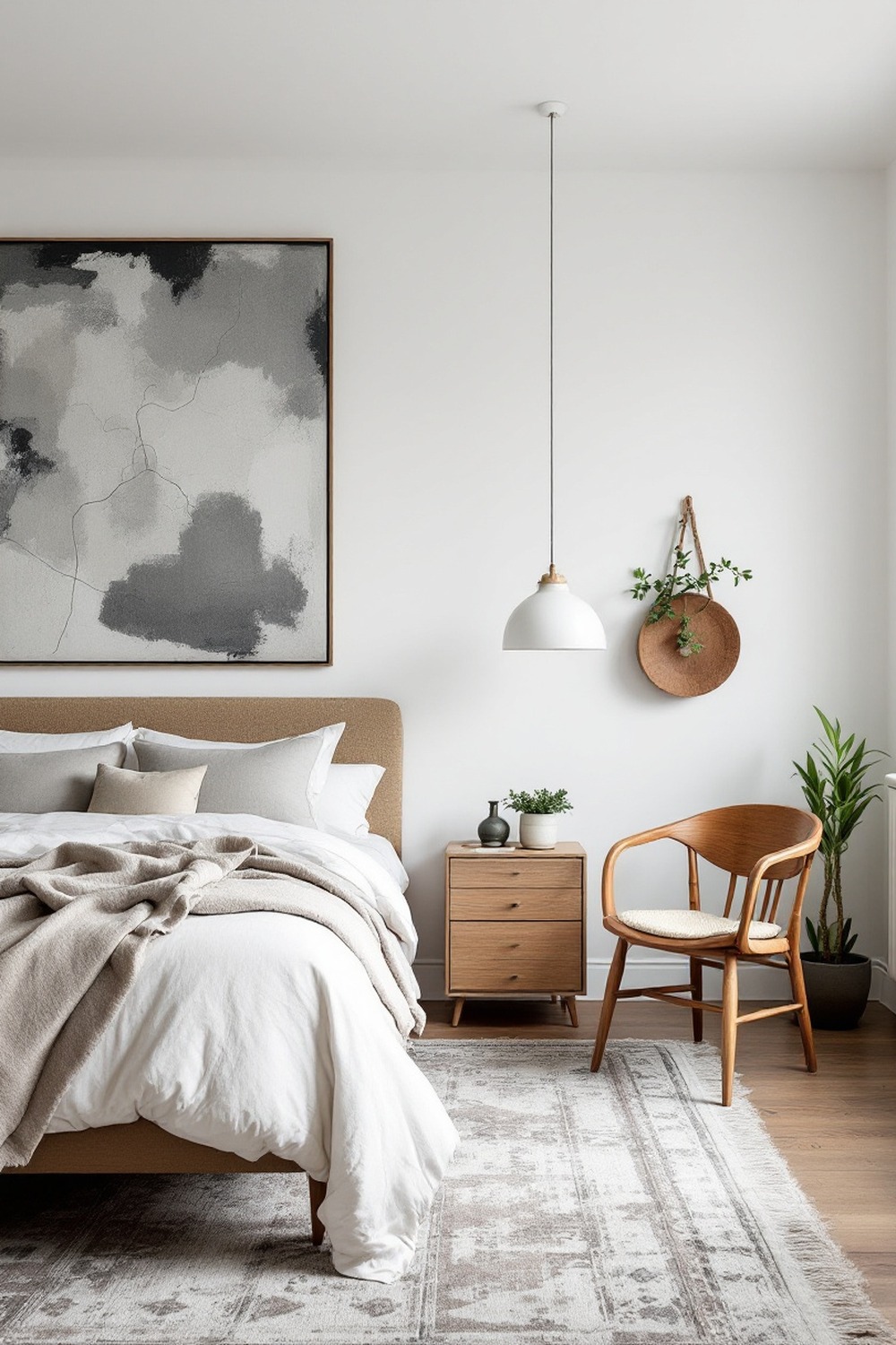 An eclectic minimalist bedroom with a neutral base, one bold artwork, a vintage rug and an heirloom chair